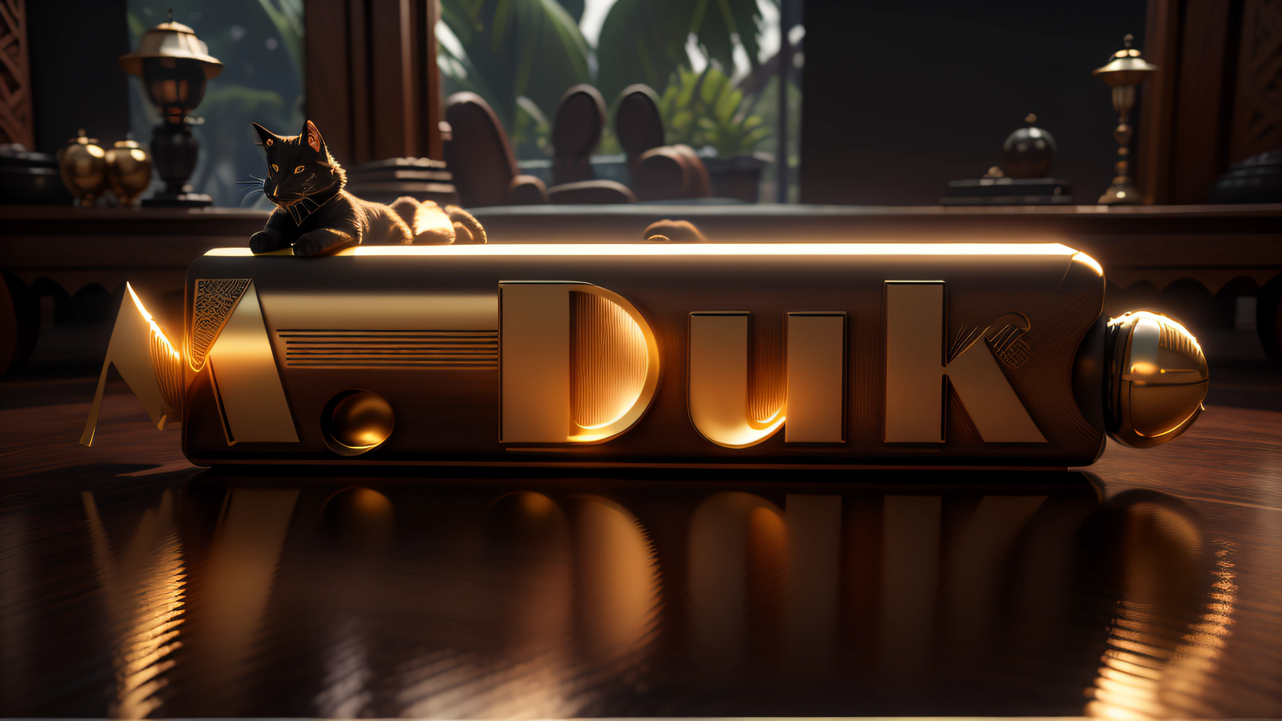 Logo com o nome M.Duke com tema da Mulher-Gato, 4k, 3d render, hiperrealista, sobre um tabuleiro espelhado de xadrez, NVIDIA, ray-traced, bokeh, depth of field, flares,