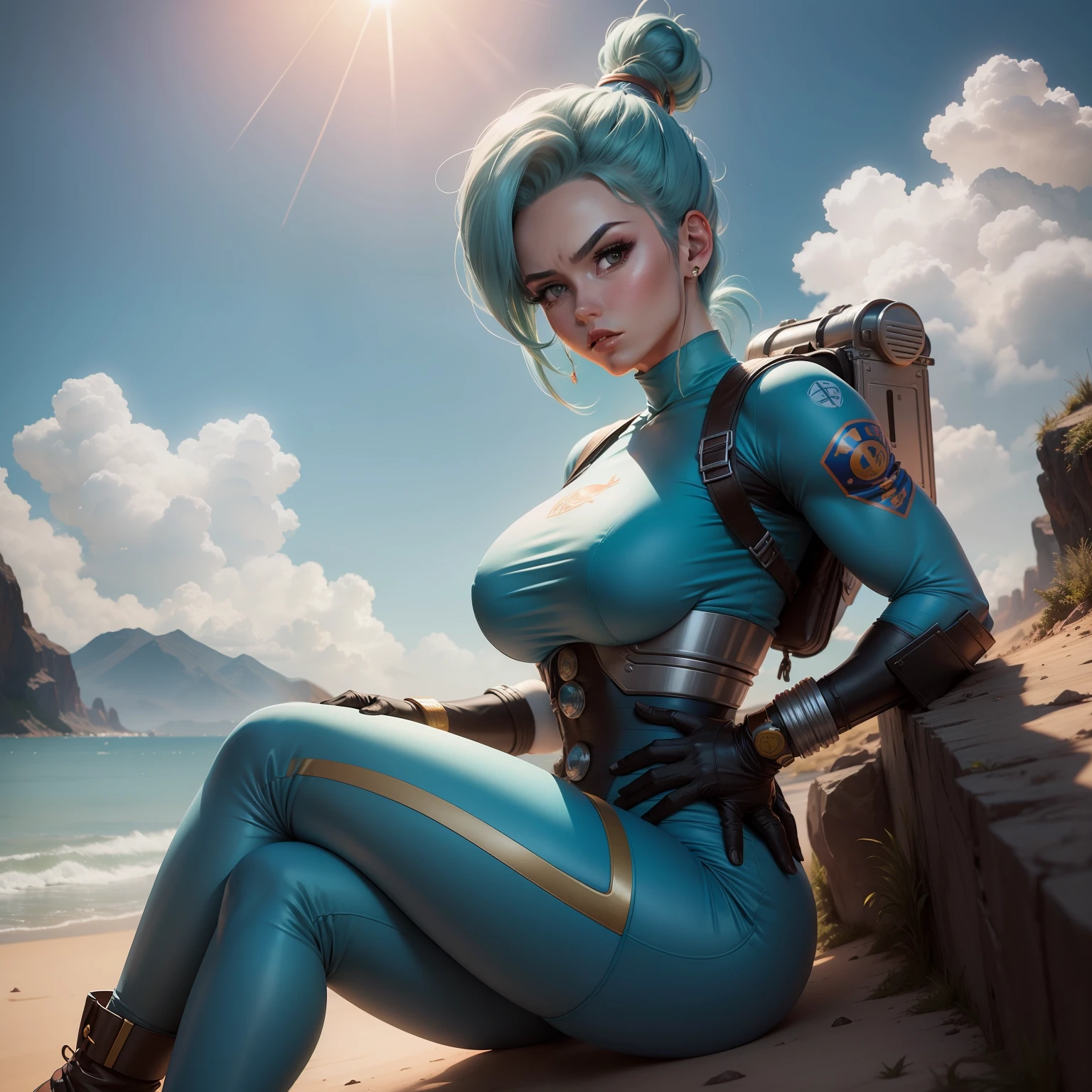 Bulma Dragon Ball Fanart realista, traje corporal da Capsulee corp, 8K,paisagem perfeita, Linda rosto fofo, e belos olhos, body manly and perfect