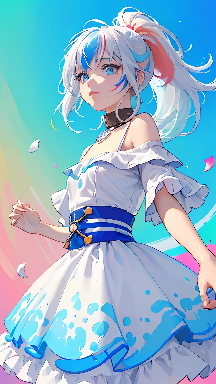 （Pink Fashion T-shirt：1.9），(Colorful hair: 1.8), (all the colours of the rainbow: 1.8),(((((vertical painting：1.6))), （painting：1.6），front, comics, illustrations, paintings, large eyes, crystal clear eyes,（ rainbow color gradient high ponytail：1.7）, exquisite makeup, closed mouth,(Small Fresh: 1.5),(Wipe Chest: 1.6) ，long eyelashes, white off shoulder T-shirt,  White Shoulder Shirt，looking at the audience, large watery eyes, (rainbow colored hair：1.6), color splash, （solo：1.8）, color splash, color explosion, thick paint style, messy lines, ((shining))，(colorful), (colorful), (colorful), colorful, Thick Paint Style, (Splash) (Color Splash), Vertical Painting, Upper Body, Paint Splash, Acrylic Pigment, Gradient, Paint, Highest Image Quality, Highest Quality, Masterpiece, Solo, Depth of Field, Face Paint,  colorful clothes, (Elegant: 1.2), gorgeous,long hair, wind, (Elegant: 1.3), (Petals: 1.4)，(((masterpiece))),(((best quality))),((ultra-detailed)),(illustration),(dynamic angle),((floating)),(paint),((disheveled hair)),(solo),(1girl) , (((detailed anima face))),((beautiful detailed face)),collar,bare shoulders,white hair, ((colorful hair)),((streaked hair)),beautiful detailed eyes,(Gradient color eyes),(((colorful eyes))),(((colorful background))),(((high saturation))),(((surrounded by colorful splashes))),