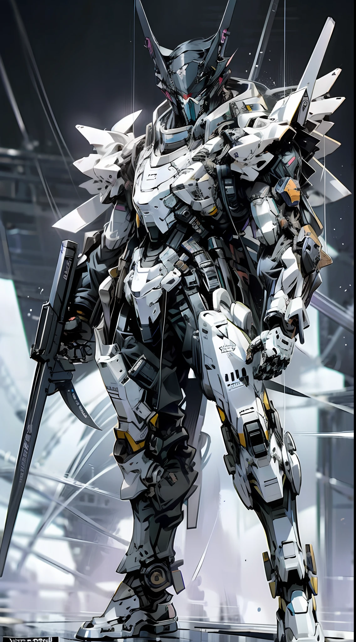 Raw foto,Dark_Fantasy, Cyberpunk, (Big Revolver, Hunter Man, Violet: 1.1), 1man, Mechanical Wonder, Robotic Presence, Cybernetic Guardian, White, black, soldier Gundam, extremely high detailed, half-body, Polar, polar bear, bear, white Gundam, white, Beast, (half body),