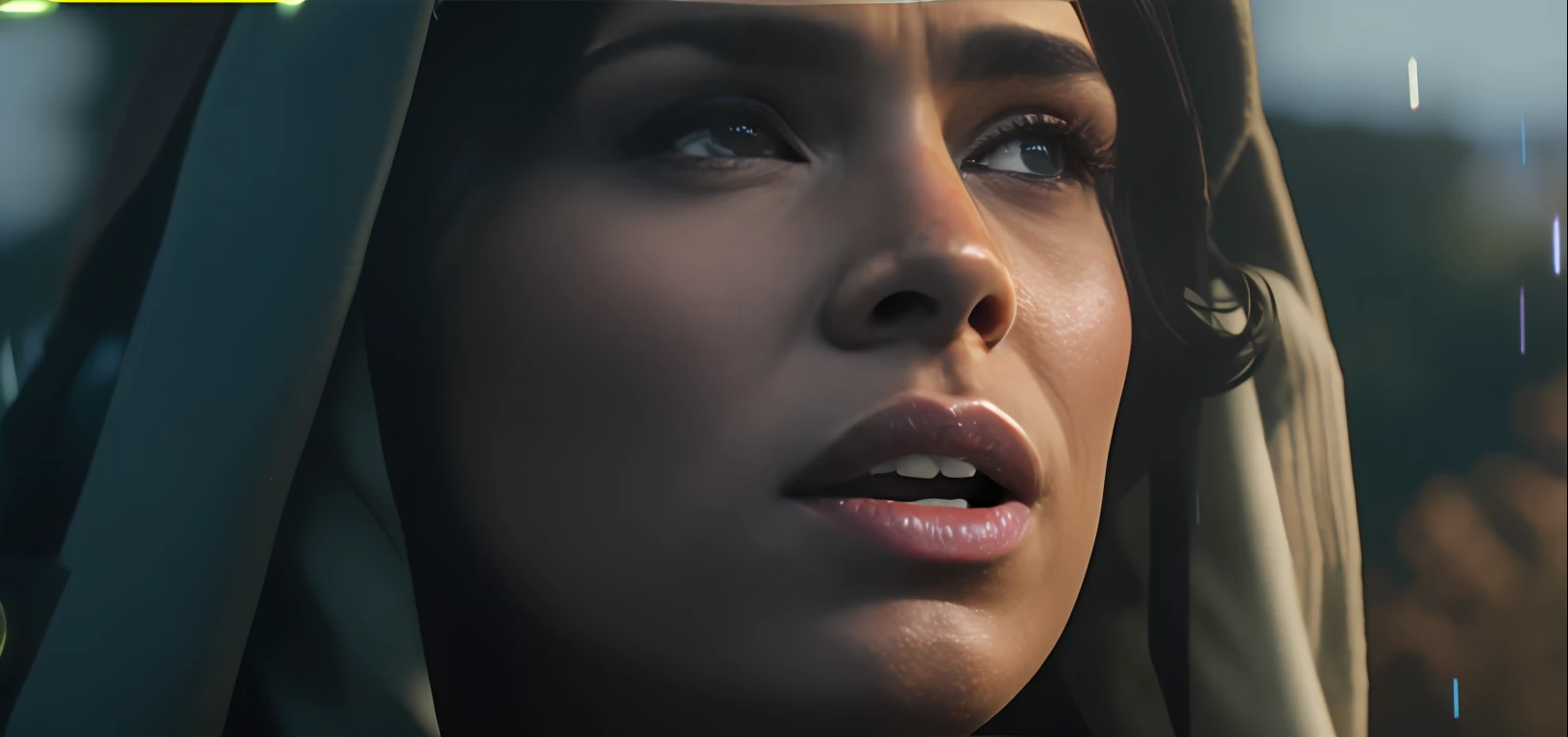 uma mulher com capuz ao olhar para cima de alguma coisa, Motor irreal. filme ainda, rei, choro. Scifi, tears running down face, 2 0 2 1 cinematic 4 k framegrab, choro bonito! mulher androide, unreal engine cinematic, de um filme 2 0 1 9 sci fi 8k, ps5 cinematic screen capture, mulher chorando, Ainda de Megan Fox