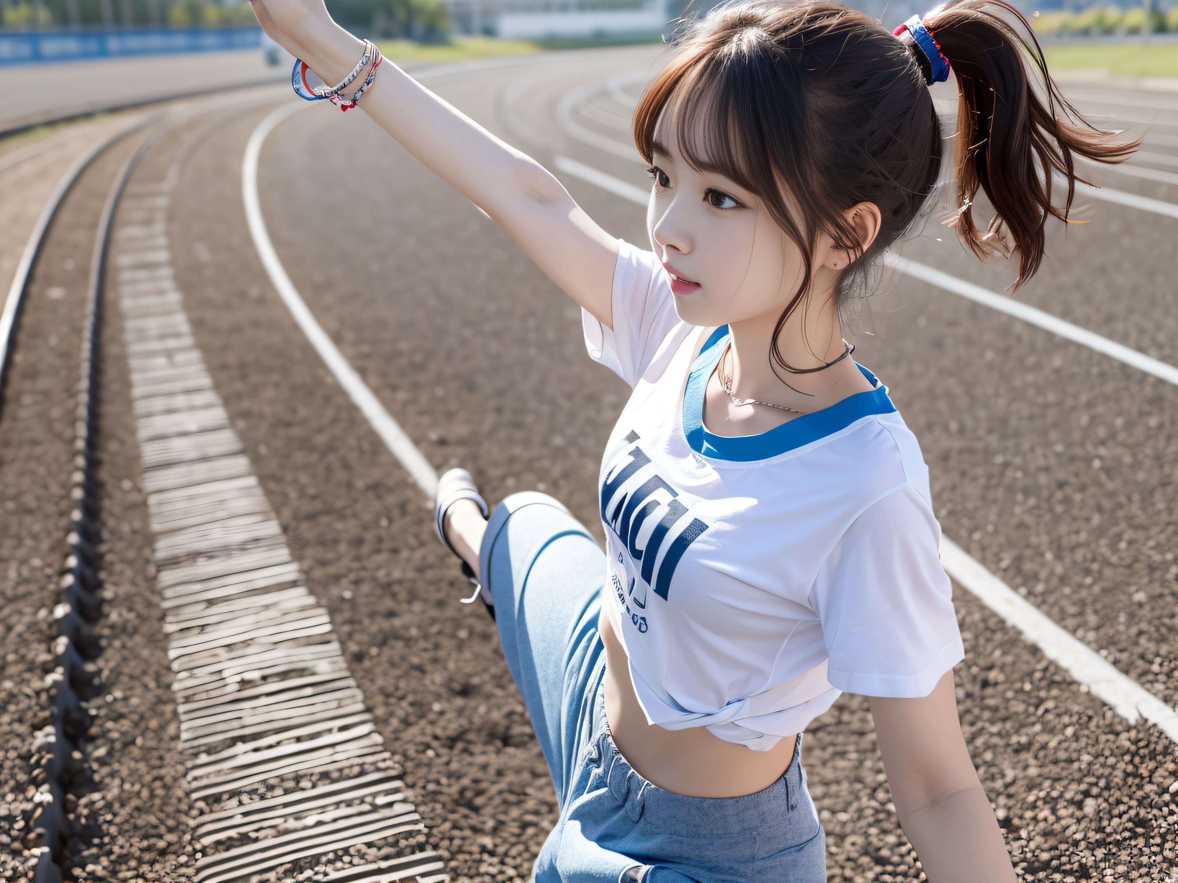 Beautiful woman doing stretching exercises on track track、white t-shirts、Blue shorts、Twin-tailed