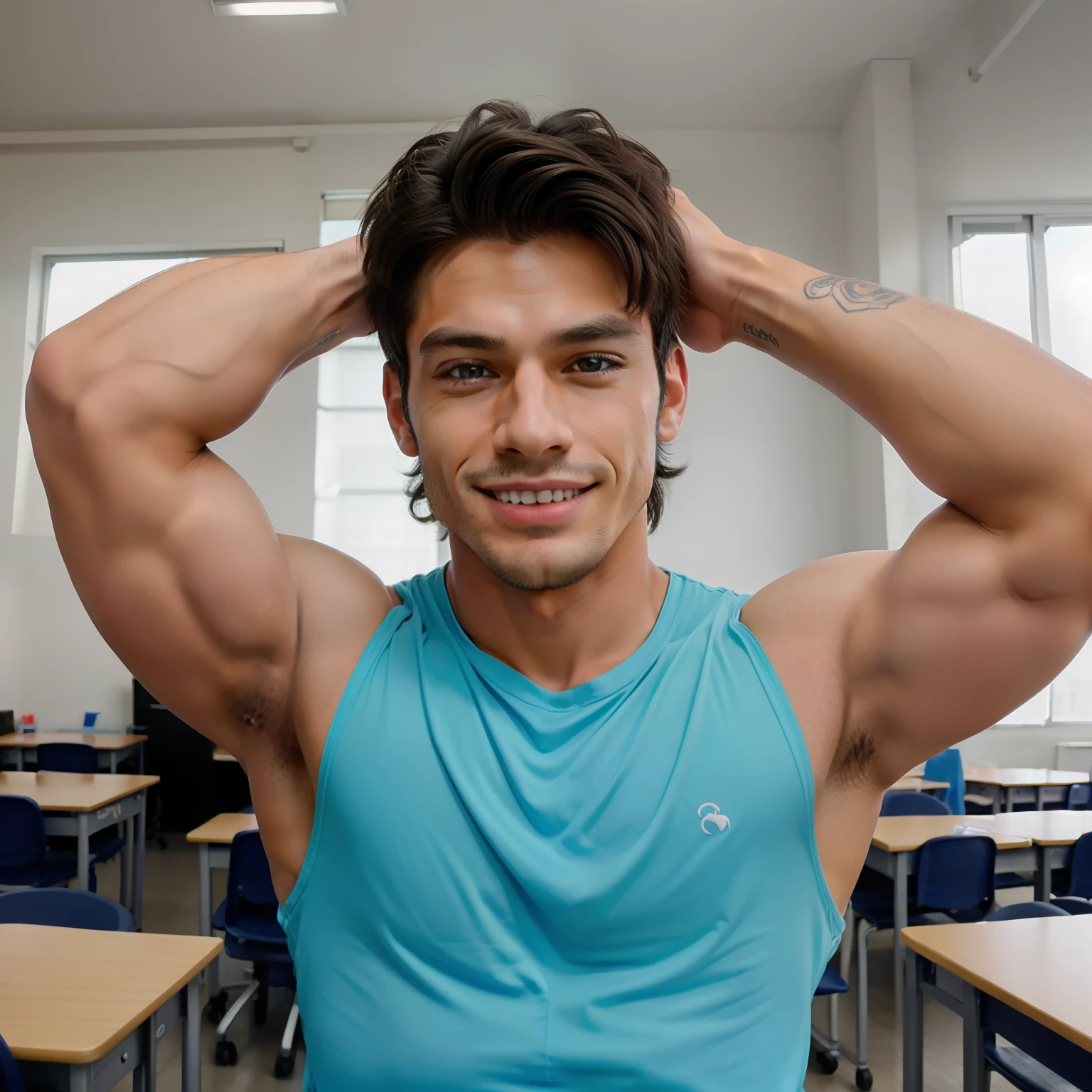 1child,(Obra maestra), La mejor calidad, Ultra detallado, High resolution, Dynamic Angle, dynamic  pose, An extremely delicate and handsome anime boy with muscular physique and intricate details, ojos azules, Piercing y tatuaje, Sonrisa intrincada y compleja, in a classroom looking at the camera, Uniforme escolar, polite, chico tranquilo, smile smiles