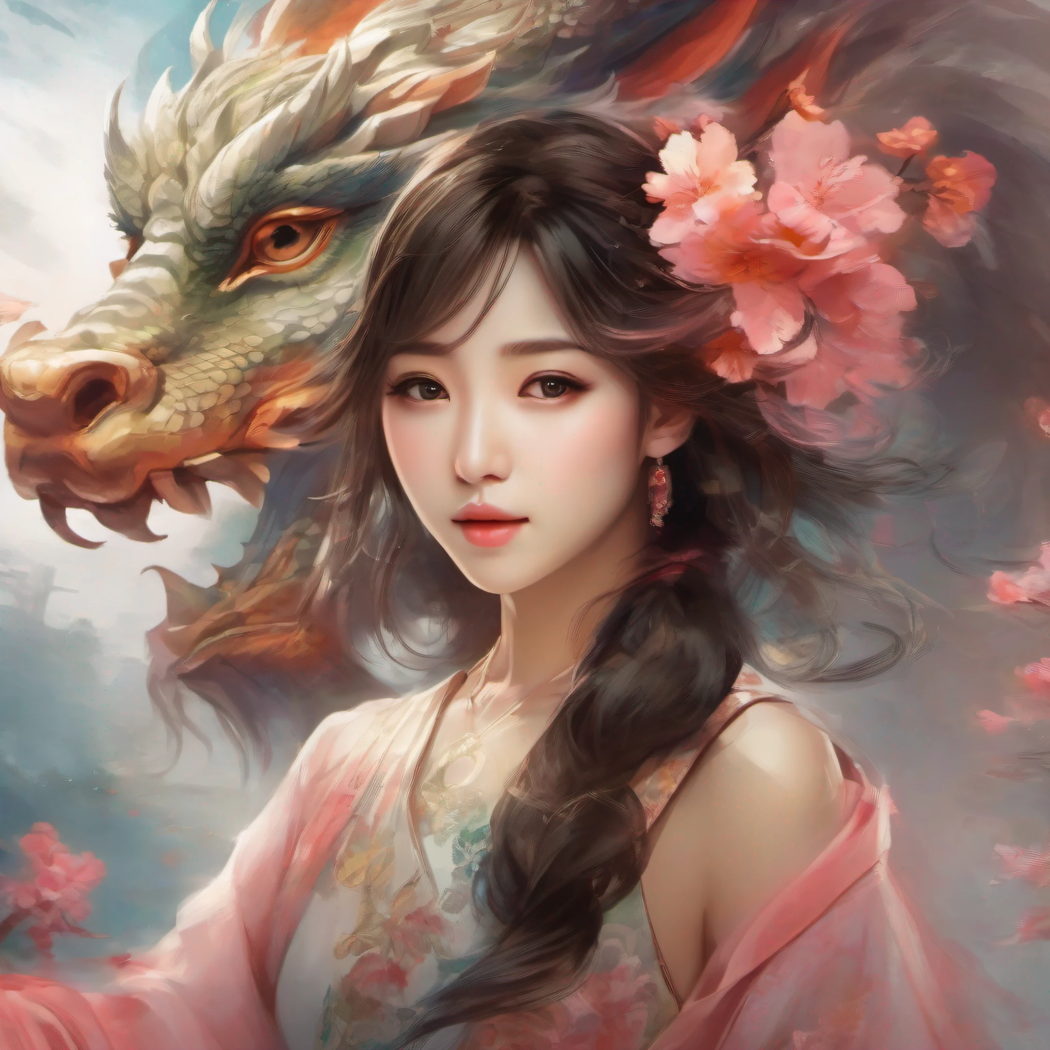 Captivating portrait artwork，chinesedragon，Inspired by the traditional Chinese watercolor painting style. The piece features a sexy and beautiful Chinese girl，She has attractive big eyes and long eyes, Eyelashes flutter. Take a photo with the giant Chinese dragon head，，Fade the background, Add cute elements to your composition. The artist skillfully uses Chinese watercolor painting techniques，Realistic and ethereal depiction of the girl's face. The color palette is soft and delicate, Evokes a sense of serenity and elegance.