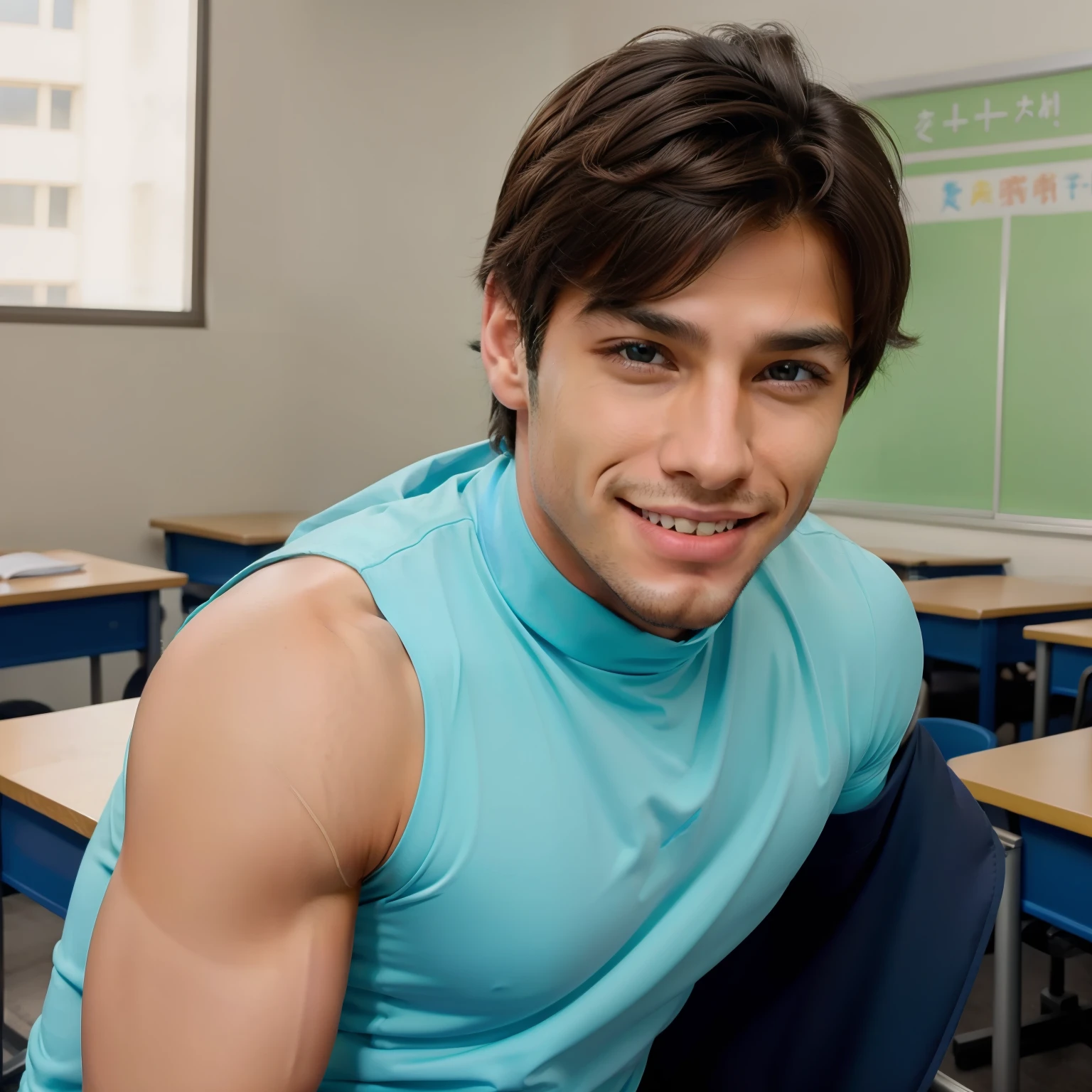 1child,(Obra maestra), La mejor calidad, Ultra detallado, High resolution, Dynamic Angle, dynamic  pose, An extremely delicate and handsome anime boy with muscular physique and intricate details, ojos azules, Piercing y tatuaje, Sonrisa intrincada y compleja, in a classroom looking at the camera, Uniforme escolar, polite, chico tranquilo, smile smiles