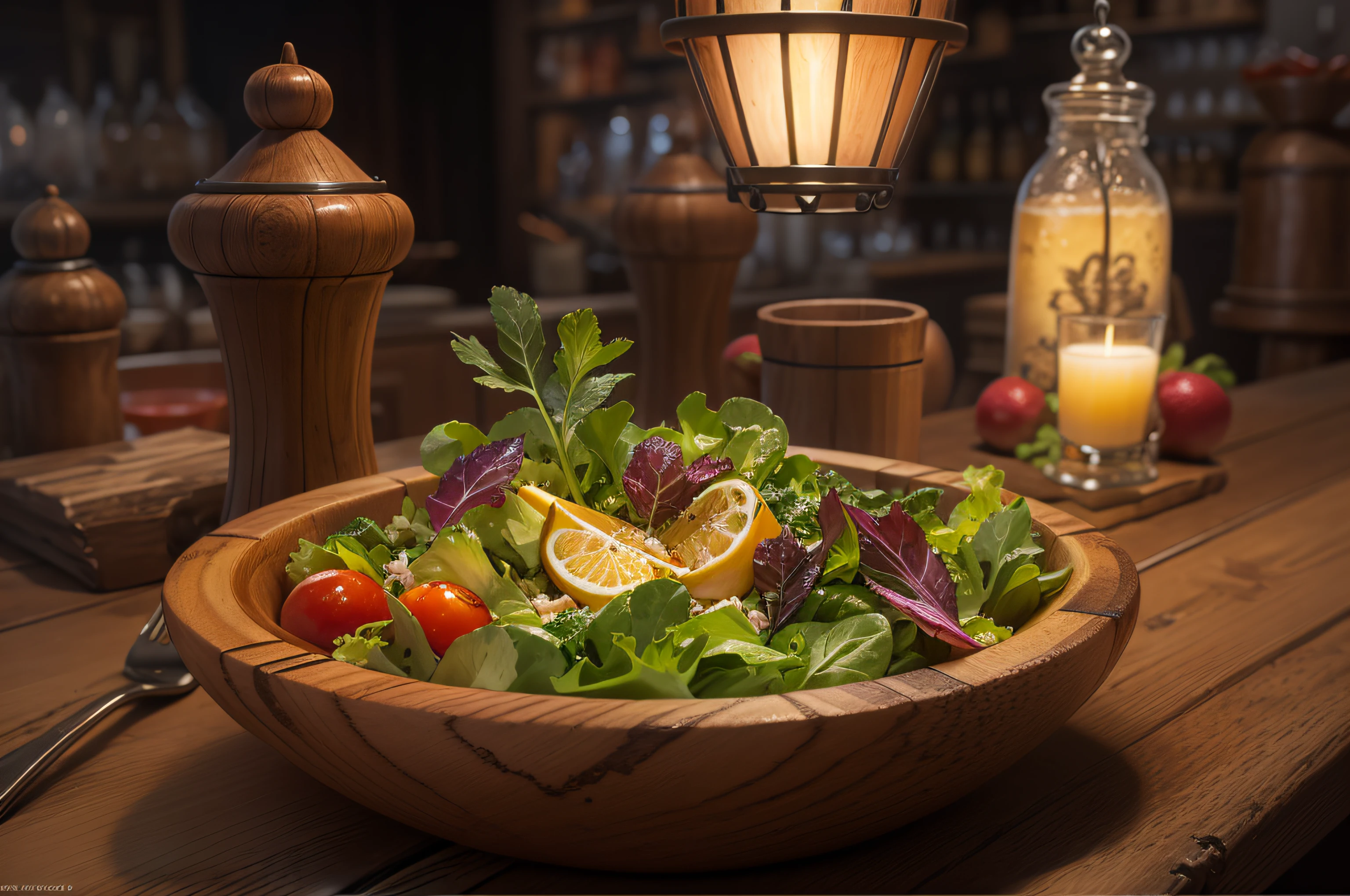 a salad served in a wooden bowl in a fancy tavern (fantasy)