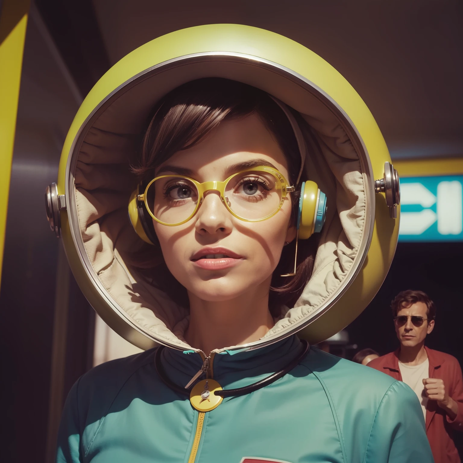 4k image from a 1960s science fiction film by Spike Jonze , Filme Her, pastels colors, Jovens vestindo goggles segurando malas e baus coloridos no aeroporto, Retro-futuristic fashion clothes from the 60s with alien ornaments, Luz Natural, Psicodelia, futurista estranho, retro-futurista, photo-realistic, Sharp background details.