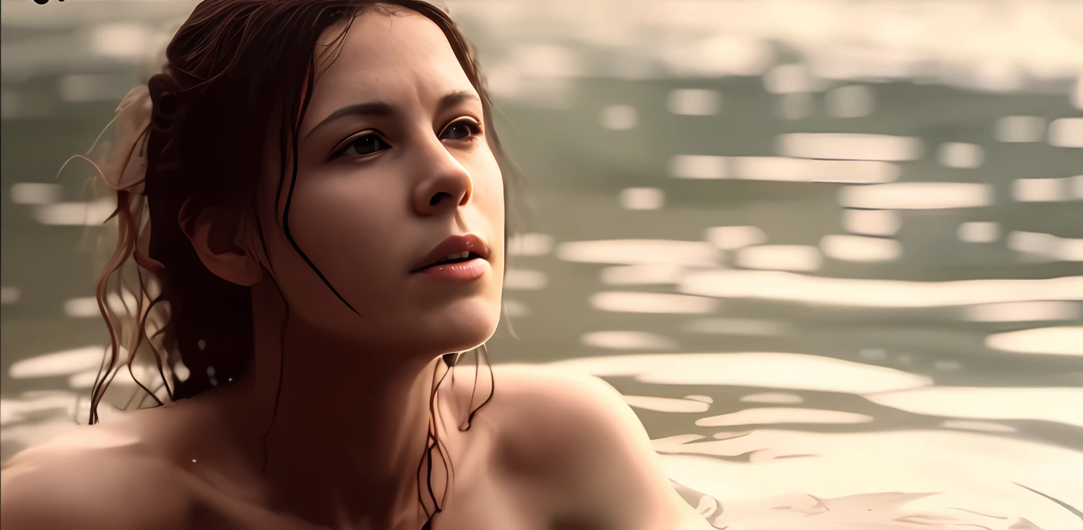 Arafed woman in a body of water with a wet face, julia sarda, Christina Kritikou, Ainda de L'Estate, Filmado do filme de Danis Villeneuve, in water up to her shoulders, Andou na escola chatzipanagiotou, still from a music video, Retrato hiper-realista em um rio, captura de tela de um filme, inspirado em Elsa Bleda