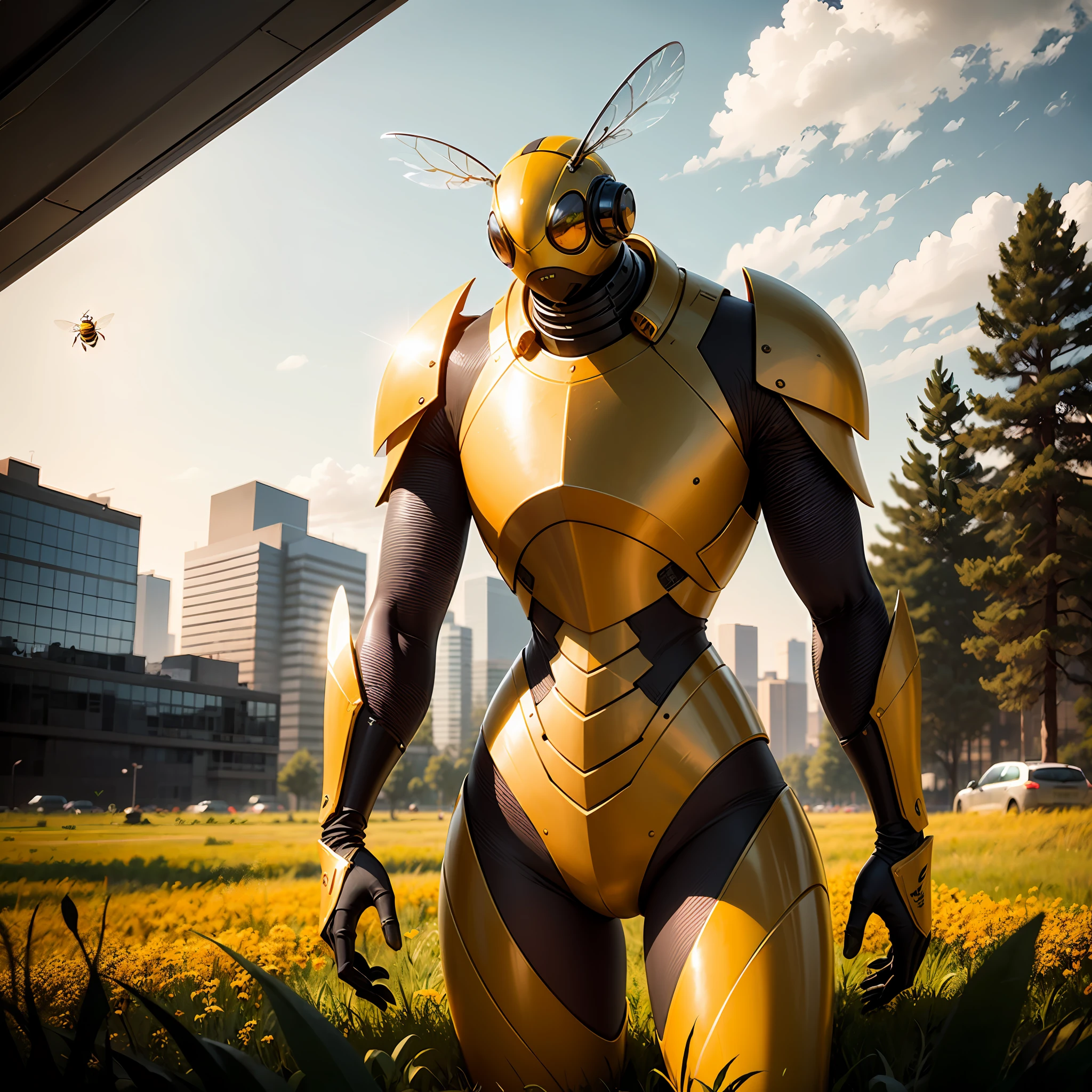 a Bee as a Spy Equipment, actual size 1:1, cybernatic, build with carbon material so the weight is very light, with the electronic build detail, fly to lurking, deep of field, cinematic background, best quality --auto