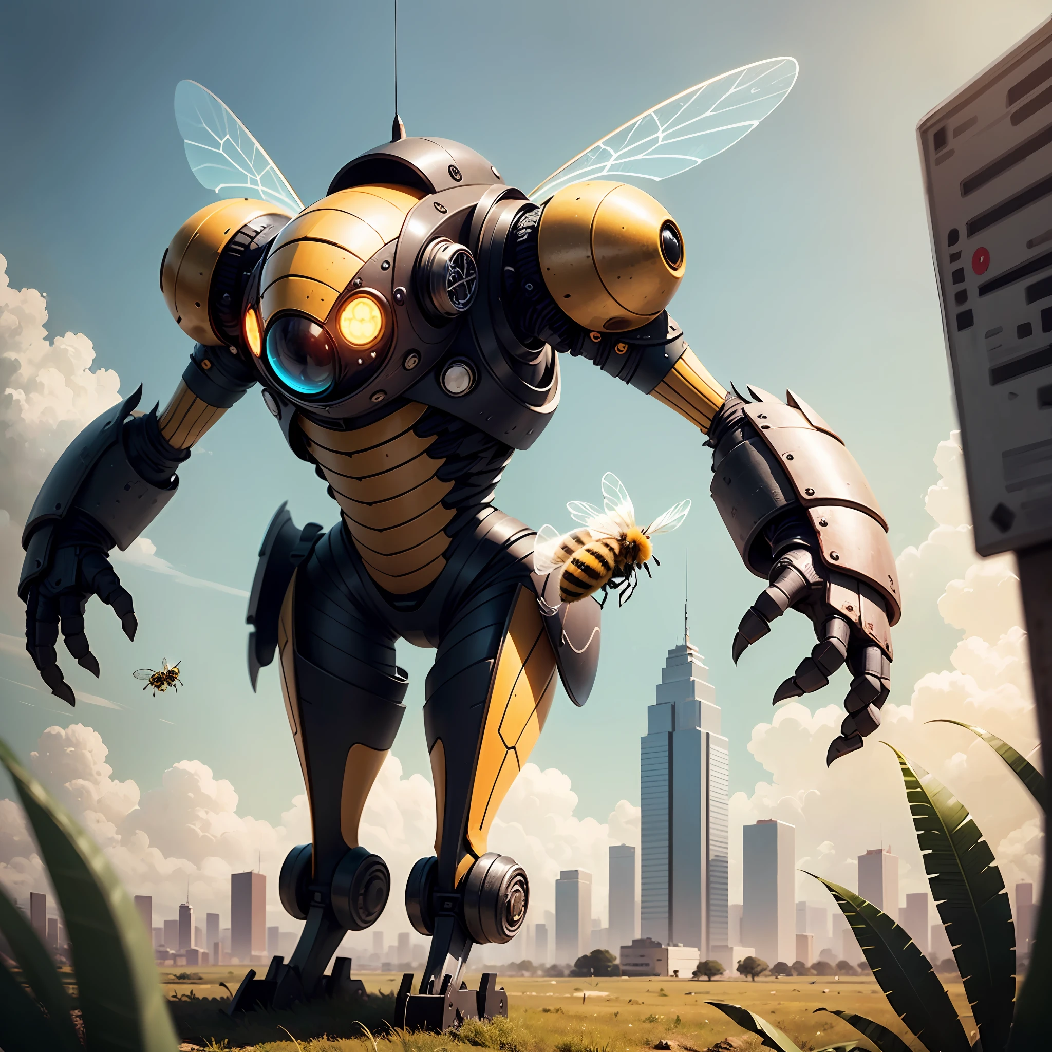 a Bee as a Spy Equipment, actual size 1:1, cybernatic, build with carbon material so the weight is very light, with the electronic build detail, fly to lurking, deep of field, cinematic background, best quality --auto