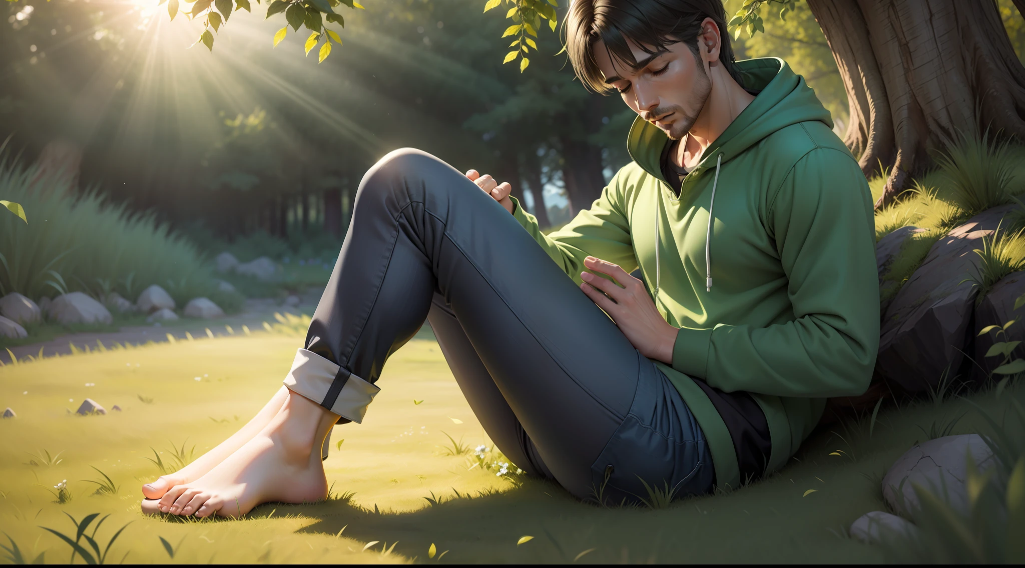 drawing, ultra realistic, 8k, extremely detailed, high quality, man meditating on green lawn, wearing light gray sweatshirt, black pants, bare feet, frontal image, natural daylight, ultra realistic image, realistic texture, in green nature surroundings, colorful, day, sun rays