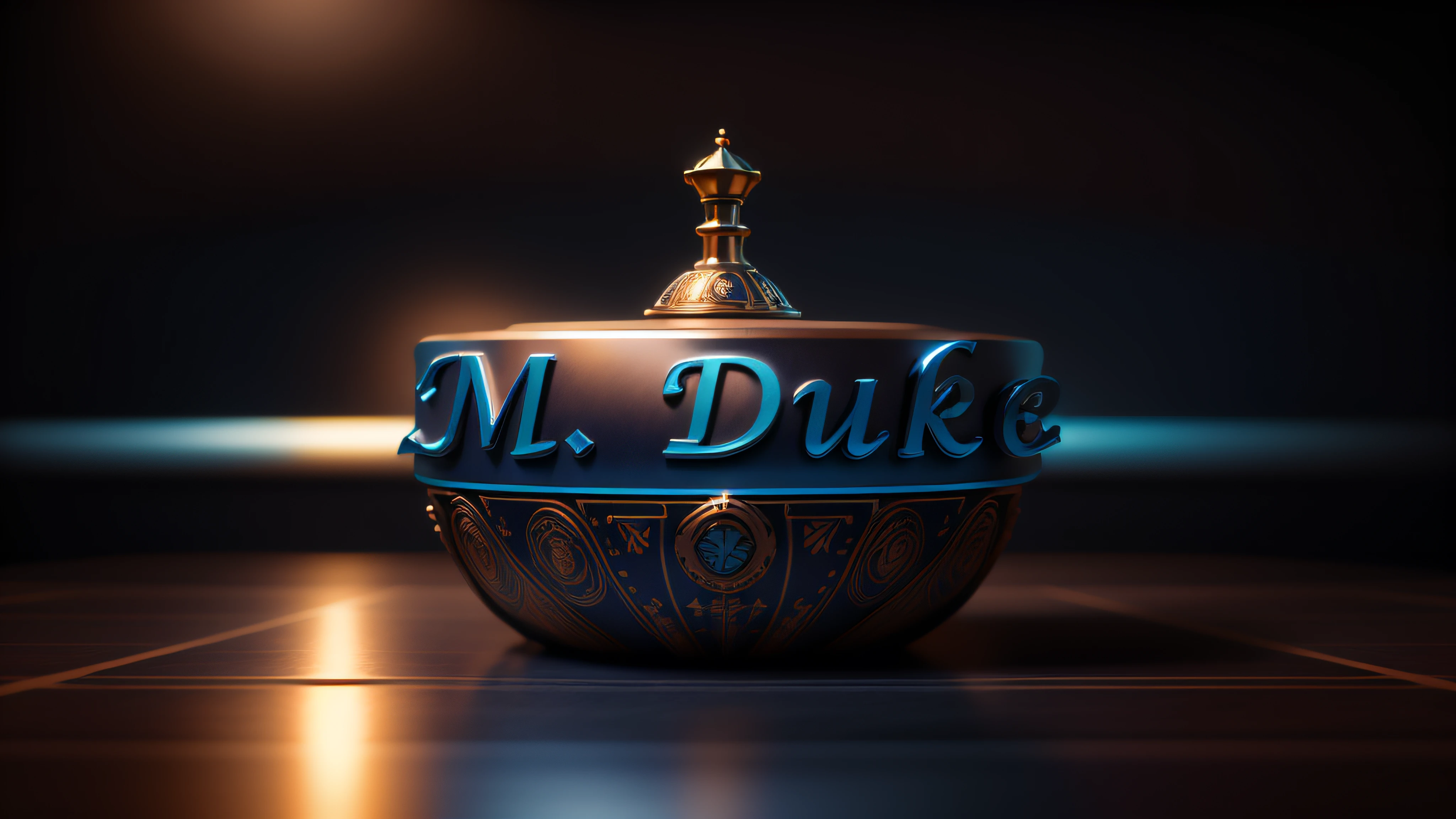 Logo com o nome M.Duke com tema azul-marinho e bronze, 8k, 3D-rendering, Hiper realista,  logo is on a mirrored chessboard, NVIDIA, ray-traced, Bokeh, profundidade de campo, Sinalizadores,