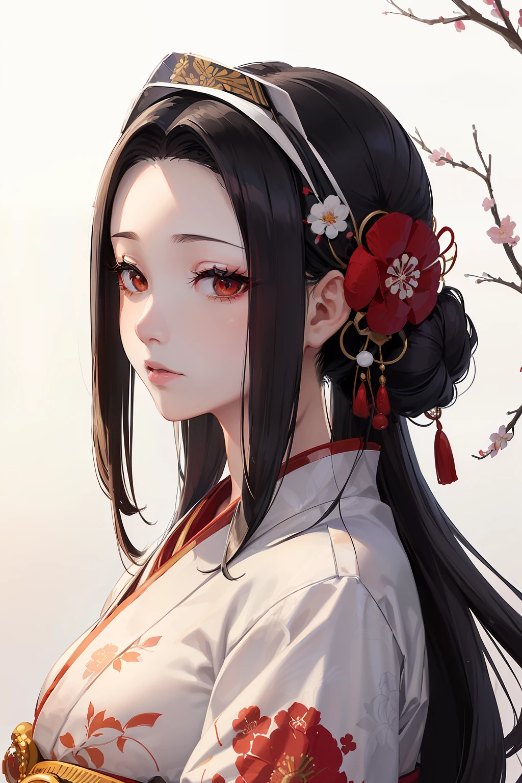 ukiyo-e, (retrato, obra-prima, acura, 1girl, solo, hanfu, cabelo longo, perfil close-up, fundo de desenho de linha de flor, fundo branco, monocromatic, desenho de linha, ((sketch She wears a striking white (quimono) com um (red floral pattern), simbolizando o charme elegante do (yamato nadeshiko) (beleza japonesa).