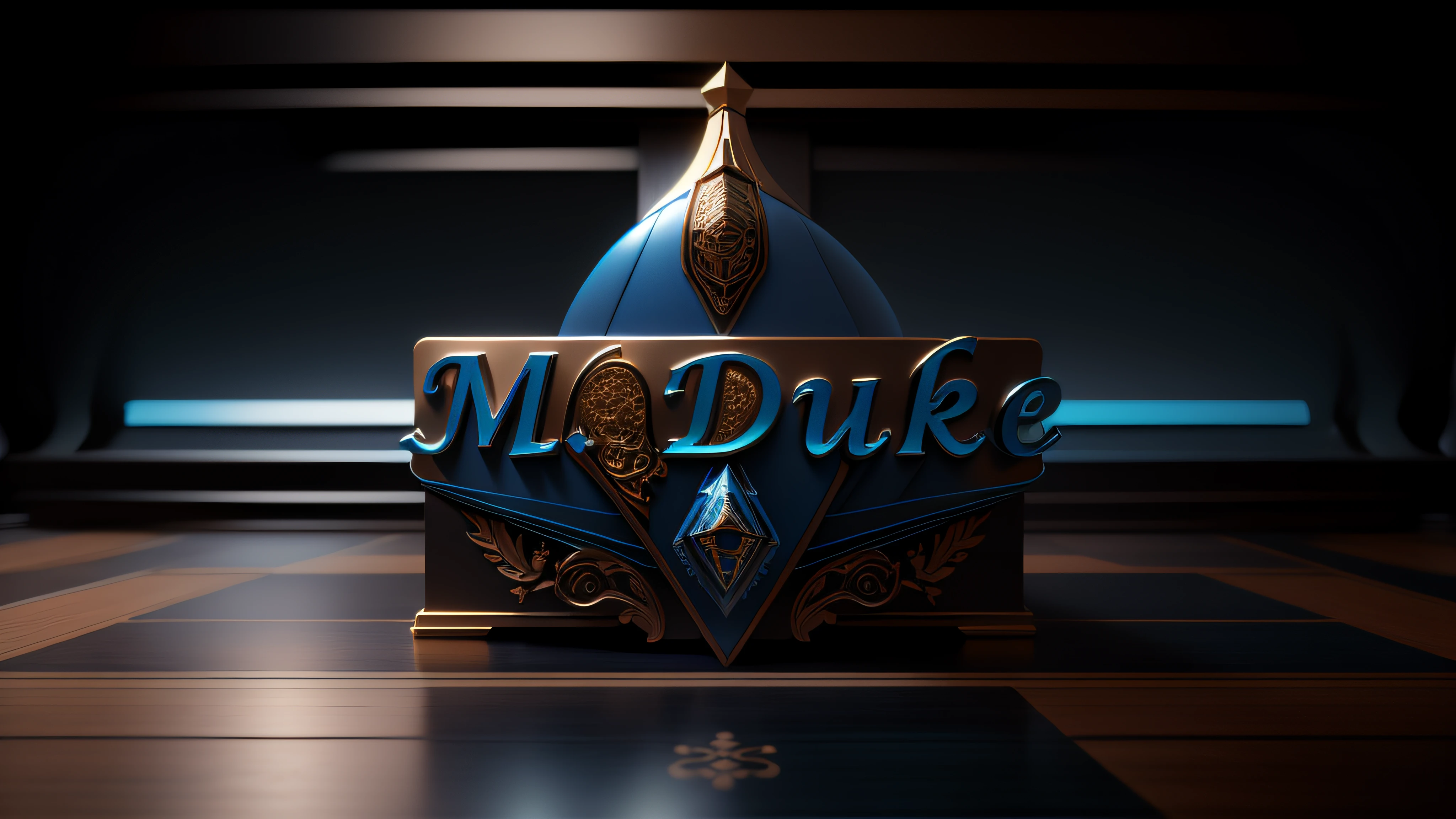 Logo com o nome M.Duke com tema azul-marinho e bronze, 8k, 3D-rendering, Hiper realista, logo is on a mirrored chessboard, NVIDIA, ray-traced, Bokeh, profundidade de campo, Sinalizadores,