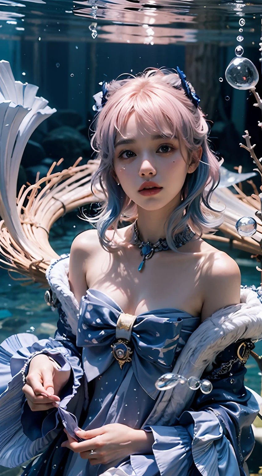 Cute Korean face，Innocent face，blue color eyes，A pink-haired，Blue hair ends，Qi bangs，Facial light and shadow，plain face，cinmatic lighting,Masterpiece, Super detail, High quality, High details, A high resolution, 4K, Award-Awarded，water bubbles，airbubble，Cinematic lighting, shadowing, filmgrain,，monochrome,escala cinza,a sketch,Realistic,Photorealistic，Bandeau off-the-shoulder dress，Oversized bow at chest，Dark blue sleeves，Light blue clothes，ocean floor，blue color eyes，There are small fish，Dark blue lace collar trim，closeup fantasy with water magic, cosplay, Guviz,airbubble，Guviz-style artwork，Underwater world，elegant floating pose, A pink-haired，Blue hair ends，cinmatic lighting,Masterpiece, Super detail, High quality, High details, A high resolution, 4K, Award-Awarded，water bubbles，airbubble，Cinematic lighting, shadowing, filmgrain, Artistic portrait of a girl，Gorgeous light and shadows，monochrome,escala cinza,a sketch,Realistic,Photorealistic，Cute Korean face，Innocent face，Facial light and shadow，plain face，Light blue skirt，There is a huge bow on the chest