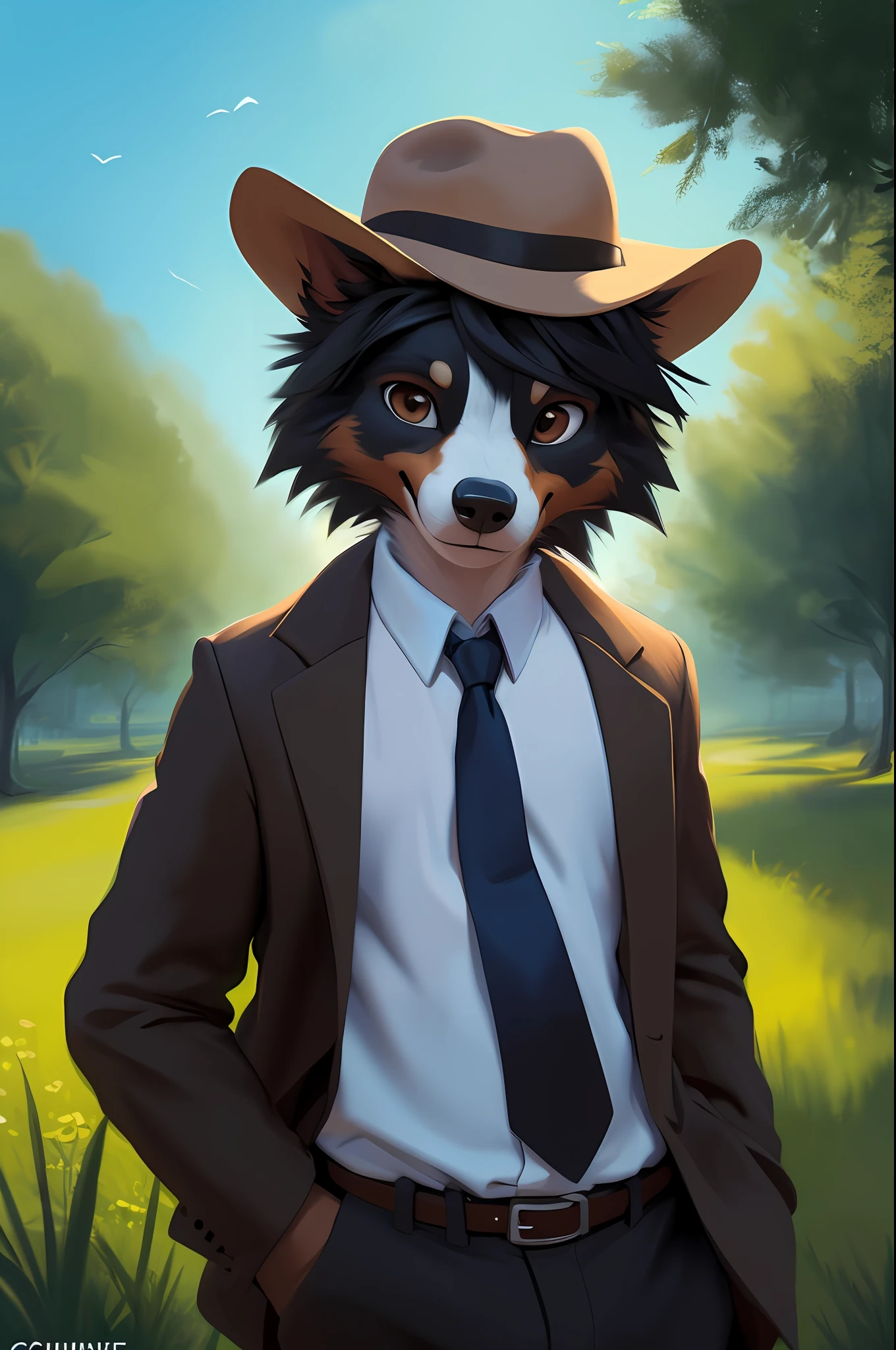 solo:1.2, front view, symettry :0.8, burst portrait, torso, 1 boy, adorable border collie (male), white fur, black medium hair , brown eyes, highly detailed eyes, wearing a soft brown fedora, soft brown overcoat, white shirt and soft brown tie, smiling, uploaded on e621, by Cory Loftis, by Chunie, by Kentowan, looking down, blurry background, in a soft green field with , cyan sky, Fujifilm, Fujicolor,  masterpiece, highres,colorful, aesthetically pleasing, cinematic lighting, film grain.