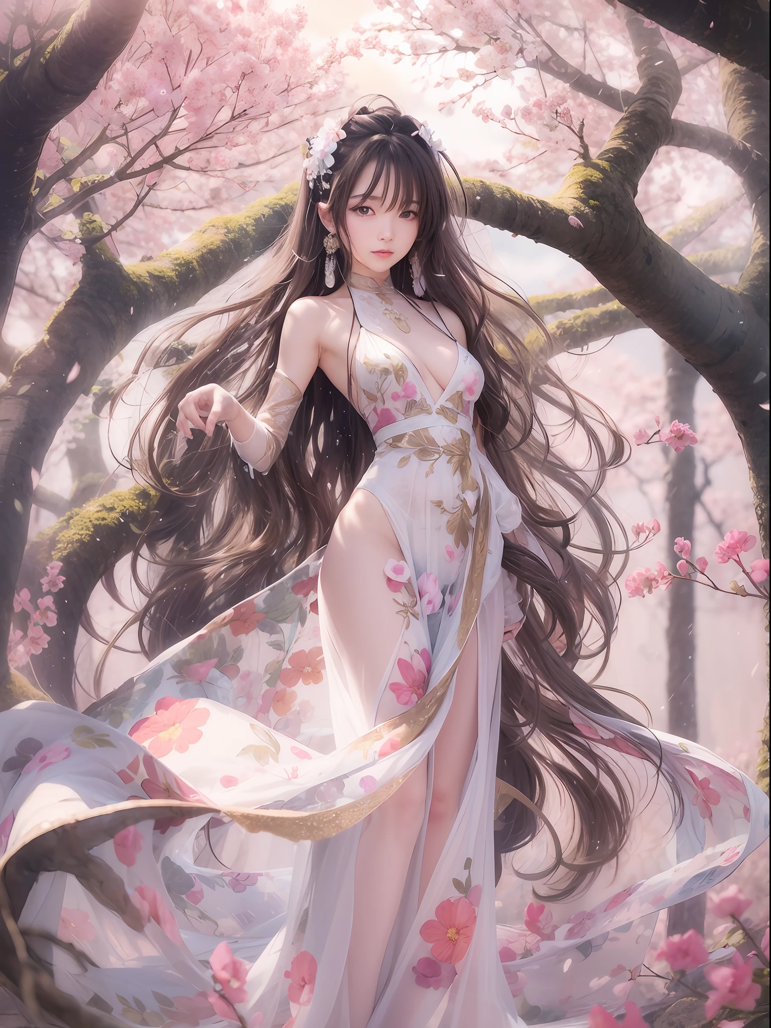 loose outfit、Show shoulders、How to wear a gown with a broken see-through halter neck、Decorated with intricate patterns and bright colors、Transparent material that makes the skin shine、Artistic depiction of seductive woman in gown with wet thin cloth and transparent skin, Floral and fantastic pattern with flowing silky traditional see-through skin。Her dress draped elegantly around her curvaceous figure、Emphasizes her charming silhouette。She's a gentle fireworks night、Dynamic Posing、Sexy Posing、bathed in the soft glow of moonlight。The scene is、With a hint of mystery and sensuality、It exudes an ethereal dreamy atmosphere。The image style is、It incorporates a blend of watercolor and digital illustration techniques.、It makes you feel delicate beauty and charm。Soft moonlit lighting、Cast gentle highlights and shadows on her mesmerizing features。Dynamic Posing、Bold poses、The hand is somewhere、see -through、show through、A sexy、Wet hair、Wet、cherry trees、flower petals、cherryblossom、The cherry tree、Sakura blizzard、buried、Transparent skin、Wet clothes、Chest Pulling、Translucent clothes、On the water、