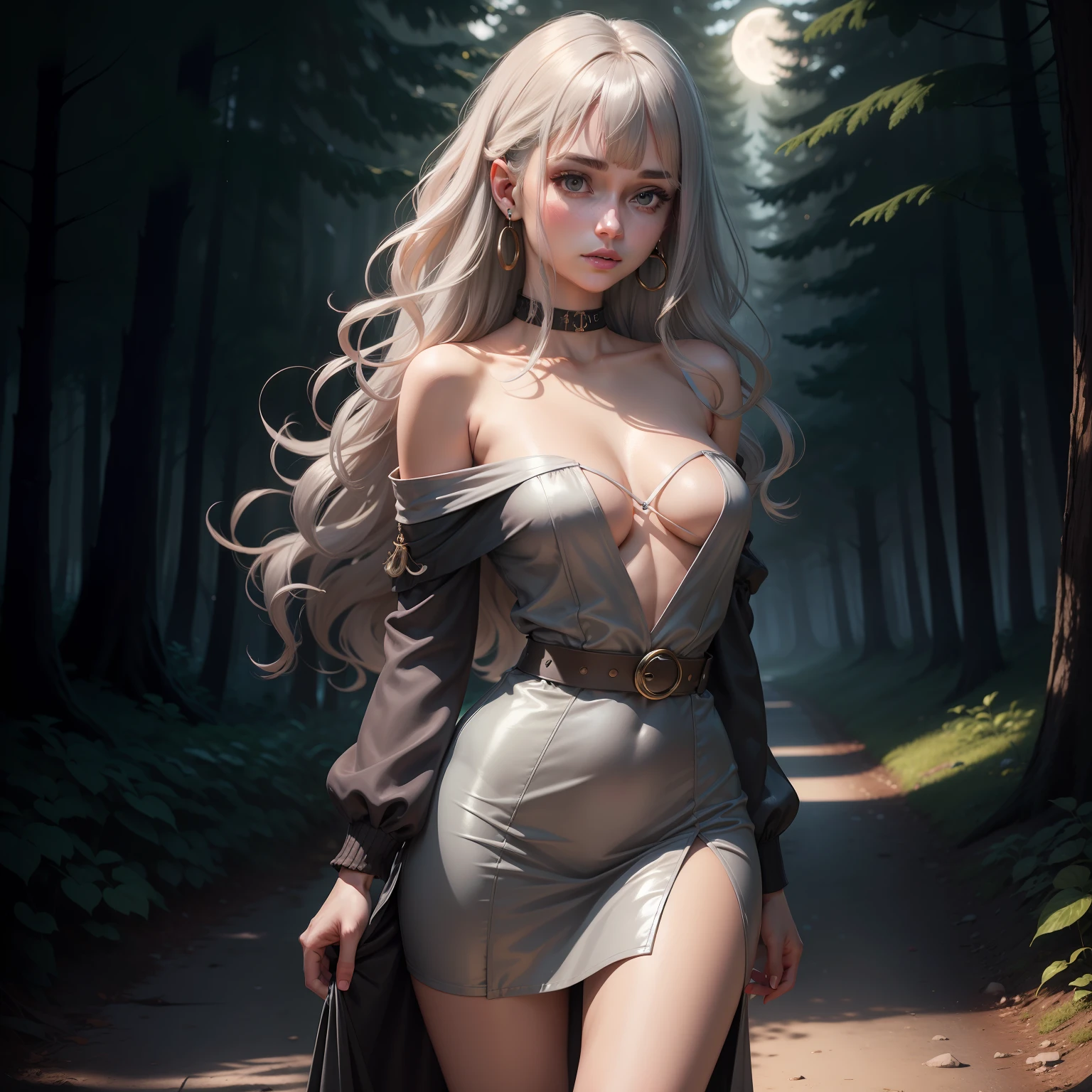 1girl, solo, Long-sleeved mini dress with a belt and structured blazer, Madam, Tall, Thin, Heart-Shaped Face, Olive Skin, Gray Hair, grey Eyes, Narrow Nose, Full Lips, Prominent Chin, Shoulder-Length Hair, Wavy Hair, Fringed Bangs, small breasts, Threader earrings, soft pink satin lipstick, a moonlit path through a dark forest
beautiful, detailed, best quality, high resolution, masterpiece, 8k