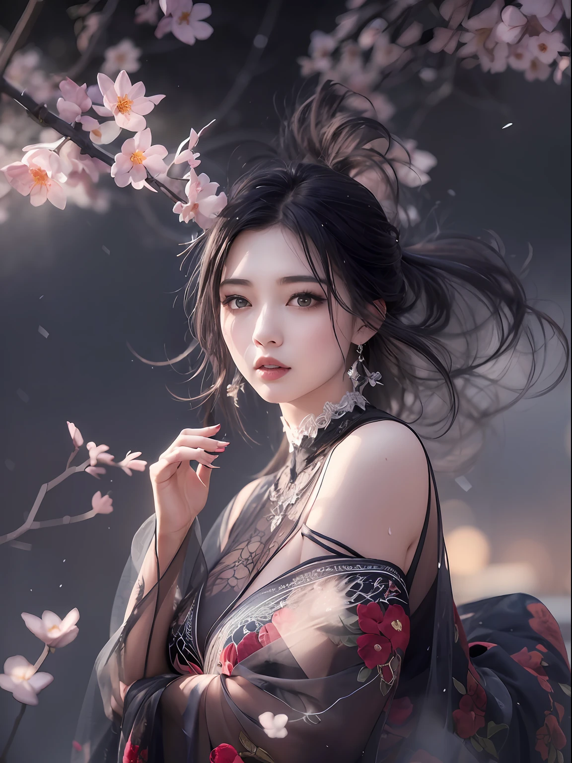 loose outfit、Show shoulders、Dark Color String Dress、How to wear a black gown、Decorated with intricate patterns and bright colors、Transparent material that makes the skin shine、Artistic depiction of seductive woman in gown with wet thin cloth and transparent skin, Floral and fantastic pattern with flowing silky traditional see-through skin。Her dress draped elegantly around her curvaceous figure、Emphasizes her charming silhouette。She's a gentle fireworks night、Dynamic Posing、Sexy Posing、bathed in the soft glow of moonlight。The scene is、With a hint of mystery and sensuality、It exudes an ethereal dreamy atmosphere。The image style is、It incorporates a blend of watercolor and digital illustration techniques.、It makes you feel delicate beauty and charm。Soft moonlit lighting、Cast gentle highlights and shadows on her mesmerizing features。Dynamic Posing、Bold poses、The hand is somewhere、see -through、show through、A sexy、Wet hair、Wet、(cherry trees、flower petals、cherryblossom、The cherry tree、Sakura Snowstorm 1.5)、buried、Transparent skin、Wet clothes、(Chest 1.2)、Navel Ejection、Swaying in the wind、Burgundy、pale red、(Slouch 1.5)、Lace color、lace choker、a choker、Lie on your back on the surface of the water、New lining、