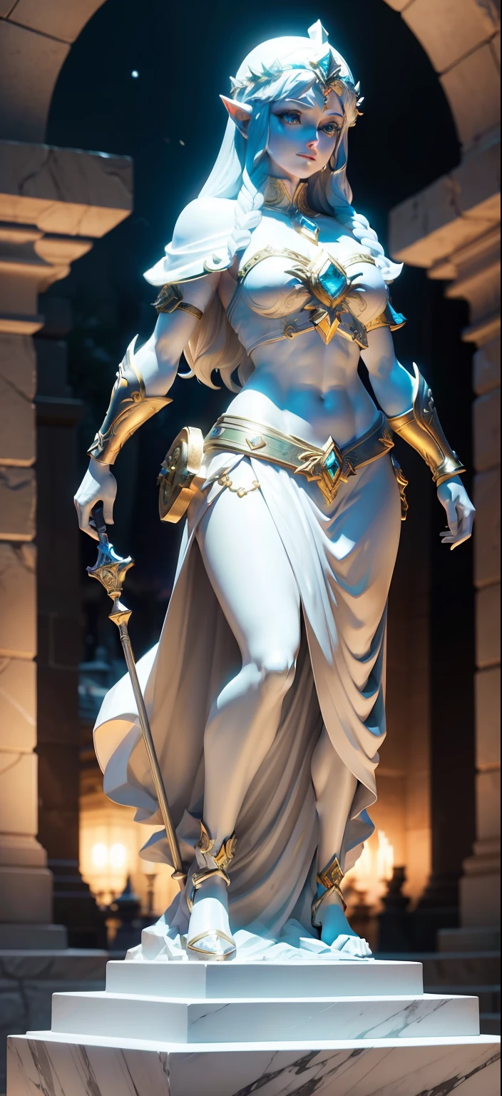 "Create a white stone statue in the style of Roman statues, com detalhes em ouro, depicting Princess Zelda's appearance. Set in a nighttime setting, The sculpture should display the nobility and magic of this legendary figure."