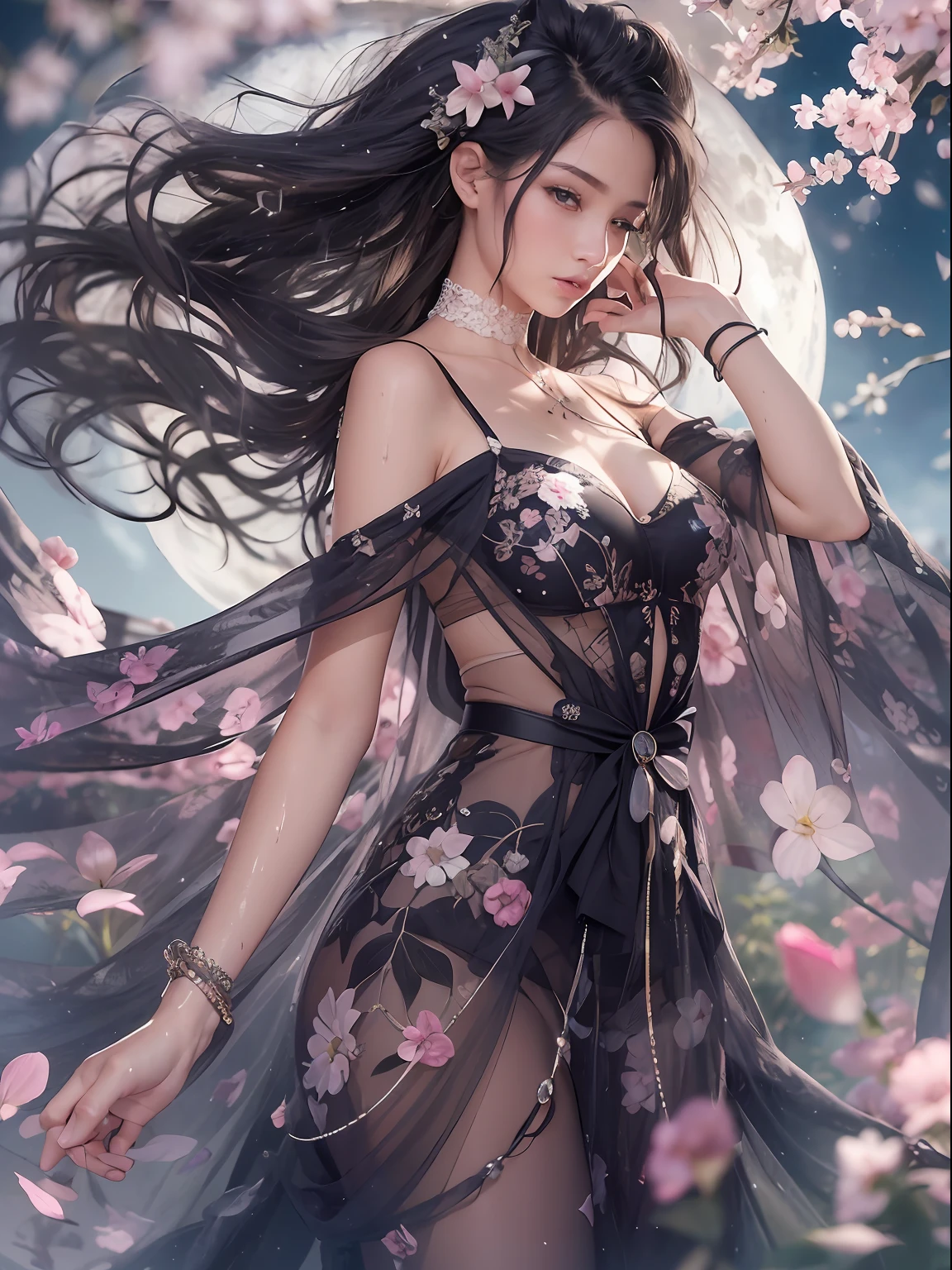 loose outfit、Show shoulders、Dark Color String Dress、How to wear a black gown、Decorated with intricate patterns and bright colors、Transparent material that makes the skin shine、Artistic depiction of seductive woman in gown with wet thin cloth and transparent skin, Floral and fantastic pattern with flowing silky traditional see-through skin。Her dress draped elegantly around her curvaceous figure、Emphasizes her charming silhouette。She's a gentle fireworks night、Dynamic Posing、Sexy Posing、bathed in the soft glow of moonlight。The scene is、With a hint of mystery and sensuality、It exudes an ethereal dreamy atmosphere。The image style is、It incorporates a blend of watercolor and digital illustration techniques.、It makes you feel delicate beauty and charm。Soft moonlit lighting、Cast gentle highlights and shadows on her mesmerizing features。Dynamic Posing、Bold poses、The hand is somewhere、see -through、show through、A sexy、Wet hair、Wet、(cherry trees、flower petals、cherryblossom、The cherry tree、Sakura Snowstorm 1.5)、buried、Transparent skin、Wet clothes、(Chest 1.2)、Navel Ejection、Swaying in the wind、Burgundy、pale red、(Slouch 1.5)、Lace color、lace choker、a choker、Lie on your back on the surface of the water、New lining、