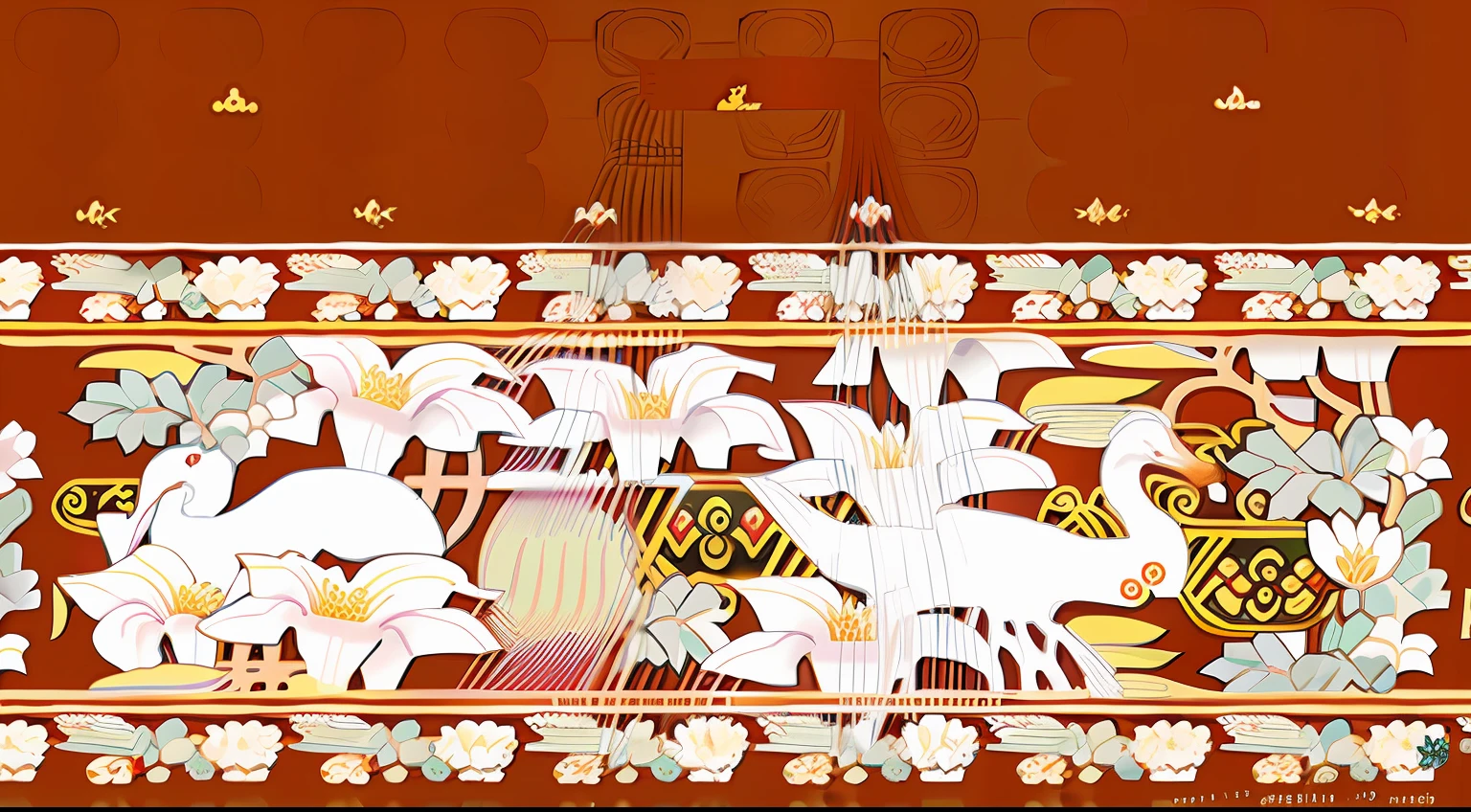Dragon, phoenix, qilin, crane, auspicious beast , peony, plum blossom, lotus, bamboo, Drawing of a horse face skirt, Hanfu, Traditional Chinese clothing, Ancient gorgeous, detailed technical drawing,，egret， phragmites，Lotus leaf，Water candles，Bird motif，clubs