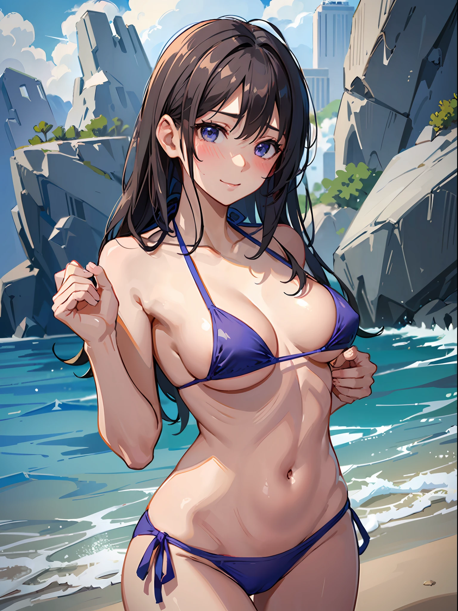 (​masterpiece), (top-quality), (Ultra Small Bikini:1.5), (blushed face:1.3), (Cover your crotch with both hands:1.3),  (Spilling boobs:1.4), under the boobs, side boob is visible,  naked, a beauty girl, precise hands, Embarrassed look, Smile, Very cute, Clear eyes, Shining eyes, (The bikini is about to come off:1.5), big breast, Tummy is visible, cleavage of the breast is visible, the lower abdomen is visible, The crotch is visible, The beautiful skin, ultra-definition, Top resolution