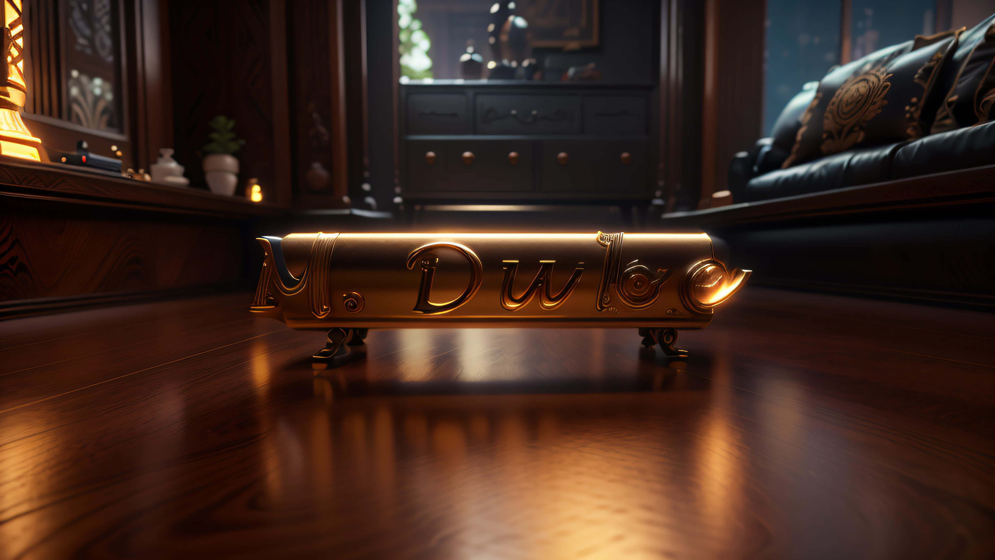 Logo com o nome M.Duke com tema da Mulher-Gato, 4k, 3d render, hiperrealista, sobre um tabuleiro espelhado de xadrez, NVIDIA, ray-traced, bokeh, depth of field, flares,