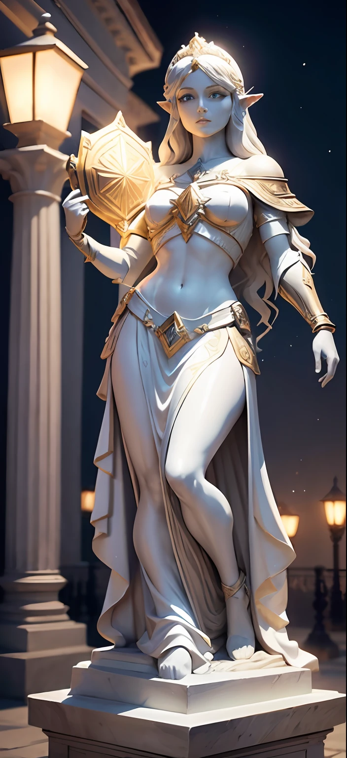 "Create a white stone statue in the style of Roman statues, com detalhes em ouro, depicting Princess Zelda's appearance. Set in a nighttime setting, The sculpture should display the nobility and magic of this legendary figure."