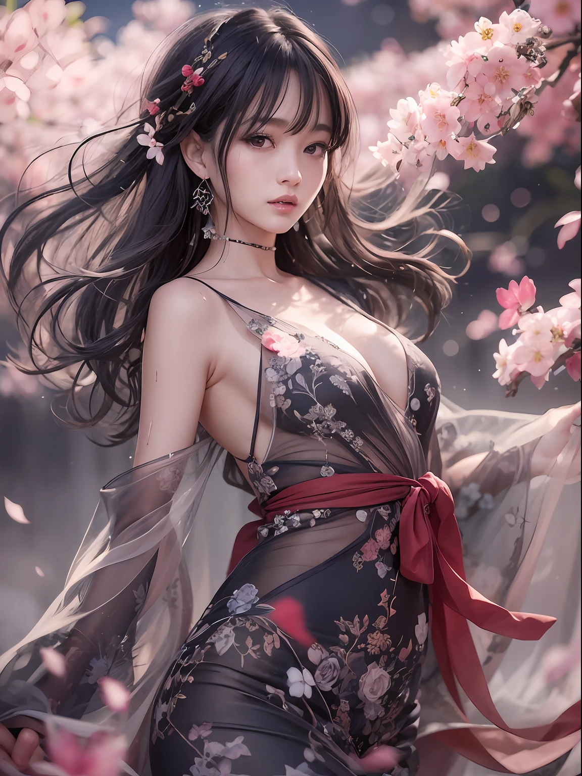 loose outfit、Show shoulders、Dark Color String Dress、How to wear a black gown、Decorated with intricate patterns and bright colors、Transparent material that makes the skin shine、Artistic depiction of seductive woman in gown with wet thin cloth and transparent skin, Floral and fantastic pattern with flowing silky traditional see-through skin。Her dress draped elegantly around her curvaceous figure、Emphasizes her charming silhouette。She's a gentle fireworks night、Dynamic Posing、Sexy Posing、bathed in the soft glow of moonlight。The scene is、With a hint of mystery and sensuality、It exudes an ethereal dreamy atmosphere。The image style is、It incorporates a blend of watercolor and digital illustration techniques.、It makes you feel delicate beauty and charm。Soft moonlit lighting、Cast gentle highlights and shadows on her mesmerizing features。Dynamic Posing、Bold poses、The hand is somewhere、see -through、show through、A sexy、Wet hair、Wet、(cherry trees、flower petals、cherryblossom、The cherry tree、Sakura Snowstorm 1.5)、buried、Transparent skin、Wet clothes、(Chest 1.2)、Navel Ejection、Swaying in the wind、Burgundy、pale red、(Slouch 1.5)、Lace color、lace choker、a choker、Lie on your back on the surface of the water、New lining、