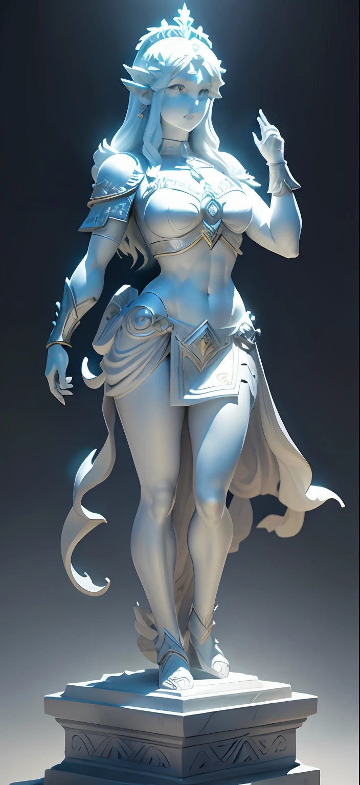 "Create a white stone statue in the style of Roman statues, com detalhes em ouro, depicting Princess Zelda's appearance. Set in a nighttime setting, The sculpture should display the nobility and magic of this legendary figure."