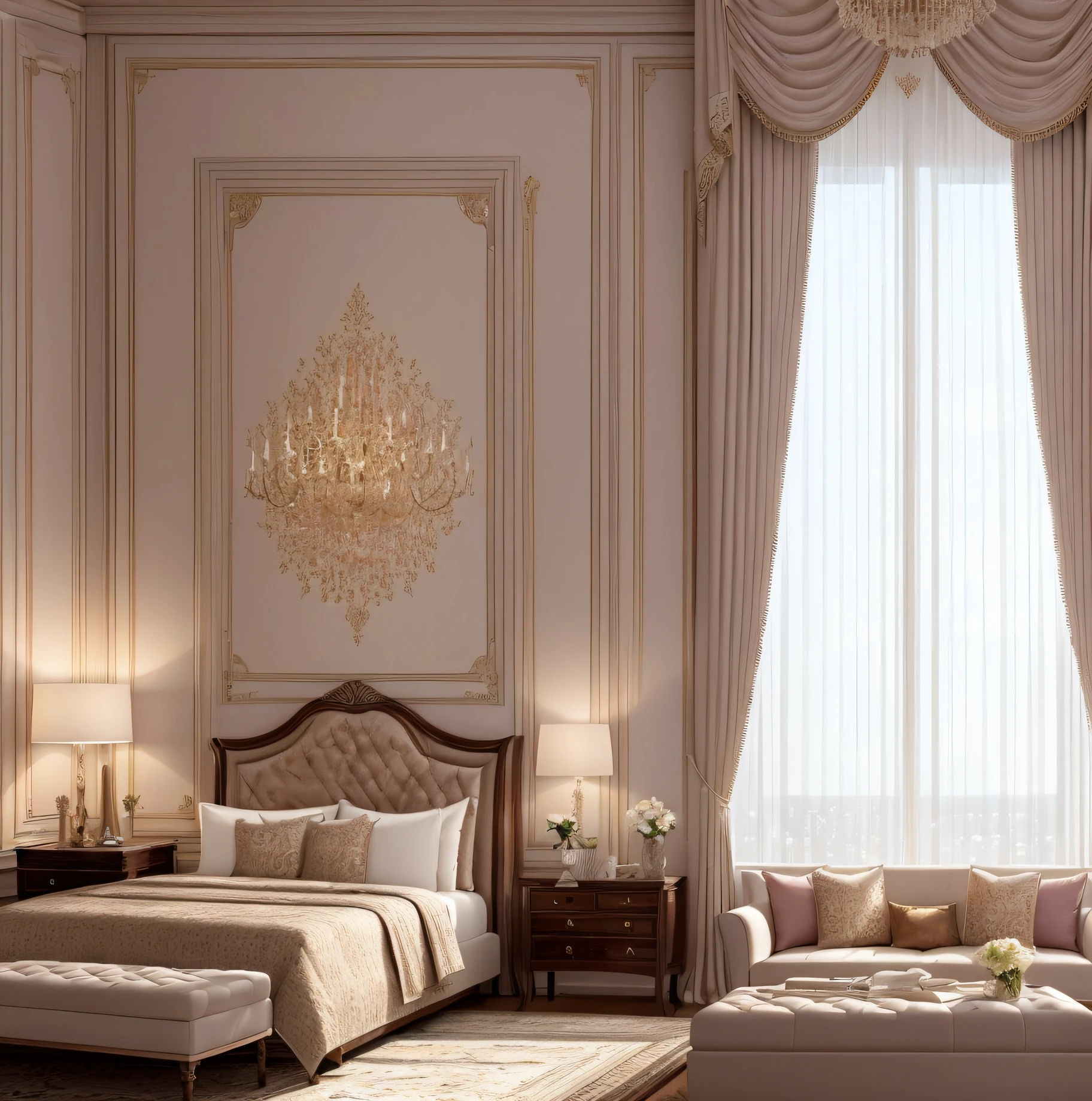 a beautiful room in a luxury hotel, with a beautiful king size bed, Persian rugs, wooden furniture, beautiful paintings on the wall, decor in pastel tones, a large window that keeps the room well lit, overlooking a beautiful city, intricate details, very beautiful, best quality, masterpiece, UHD, realism.