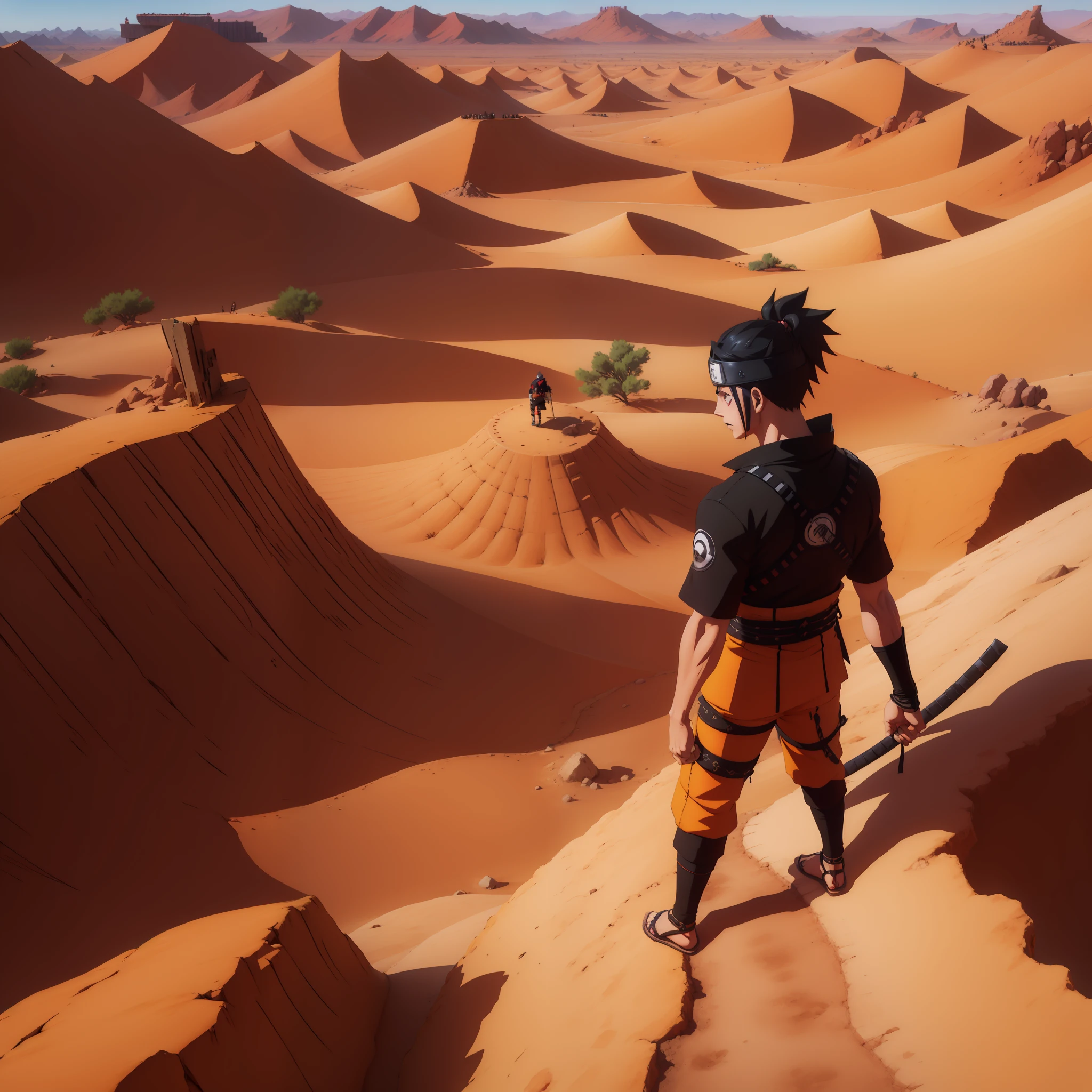 Naruto Shipuden, ultra realista , quarta grande guerra ninja , 8k , Naruto character wearing classic outfit, anime , (View from the top in a large desert valley) , luta contra outro personagem , Madara