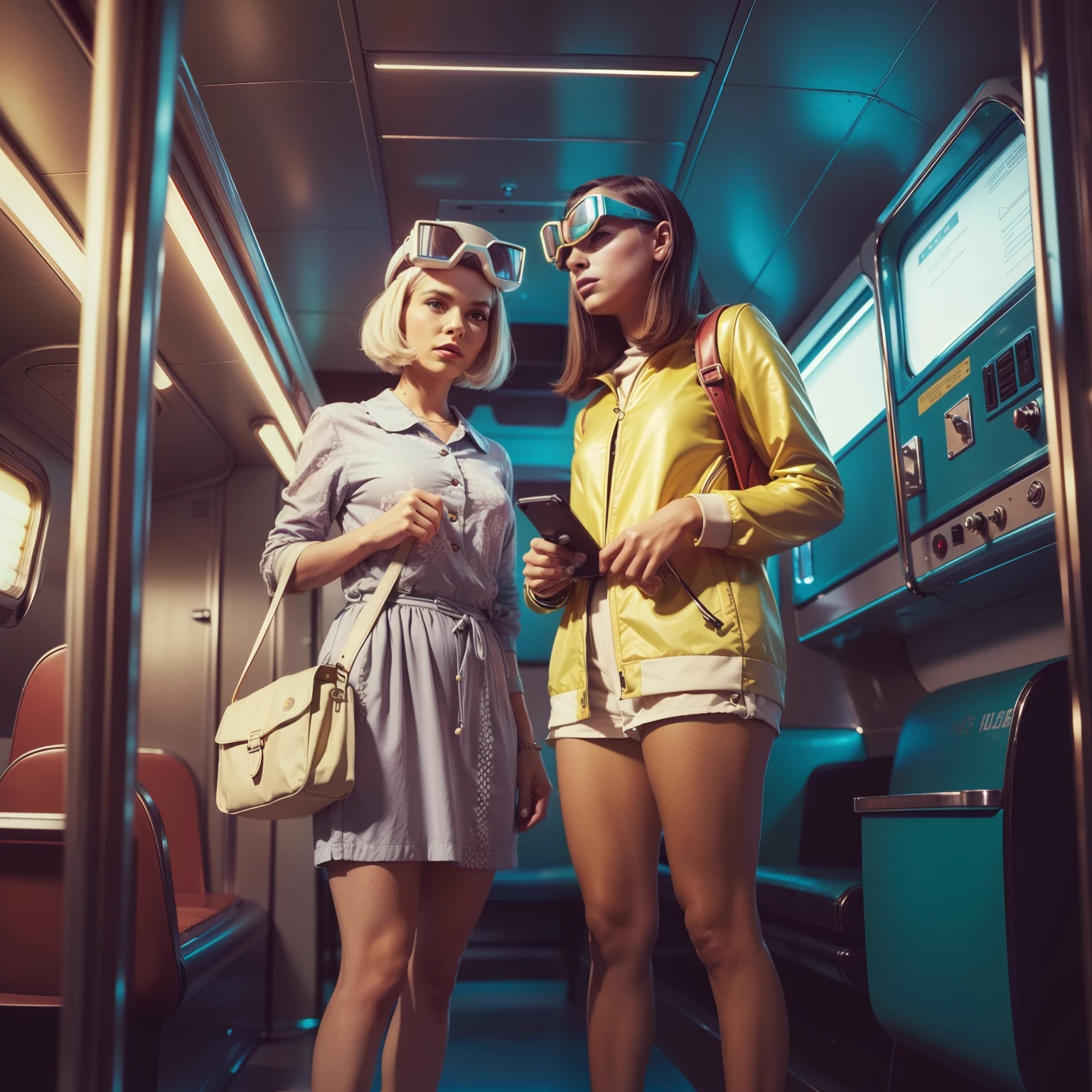 4k image from a 1960s science fiction film by Spike Jonze , Filmes HER, pastels colors, Young people wearing retro-futuristic alien goggles and holding colorful suitcases and chests at the bus stop, Retro-futuristic fashion clothes from the 60s with old robots, Luz Natural, Psicodelia, futurista estranho, retro-futurista, photo-realistic, Sharp background details.