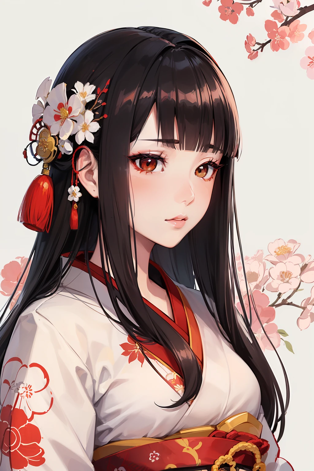 ukiyo-e, (retrato, obra-prima, acura, 1girl, solo, hanfu, cabelo longo, perfil close-up, fundo de desenho de linha de flor, fundo branco, monocromatic, desenho de linha, ((sketch She wears a striking white (quimono) com um (red floral pattern), simbolizando o charme elegante do (yamato nadeshiko) (beleza japonesa).