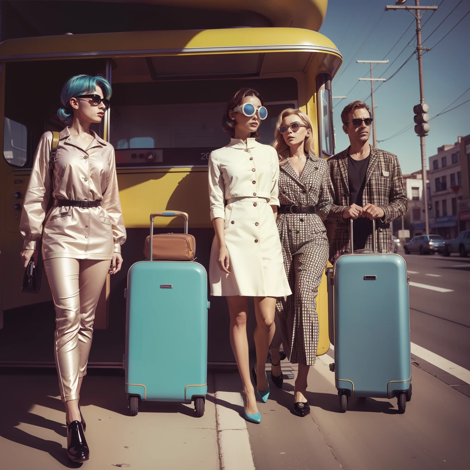 4k image from a 1960s science fiction film by Spike Jonze , Filmes HER, pastels colors, Young people wearing retro-futuristic alien goggles and holding colorful suitcases and chests at the bus stop, Retro-futuristic fashion clothes from the 60s with old robots, Luz Natural, Psicodelia, futurista estranho, retro-futurista, photo-realistic, Sharp background details.