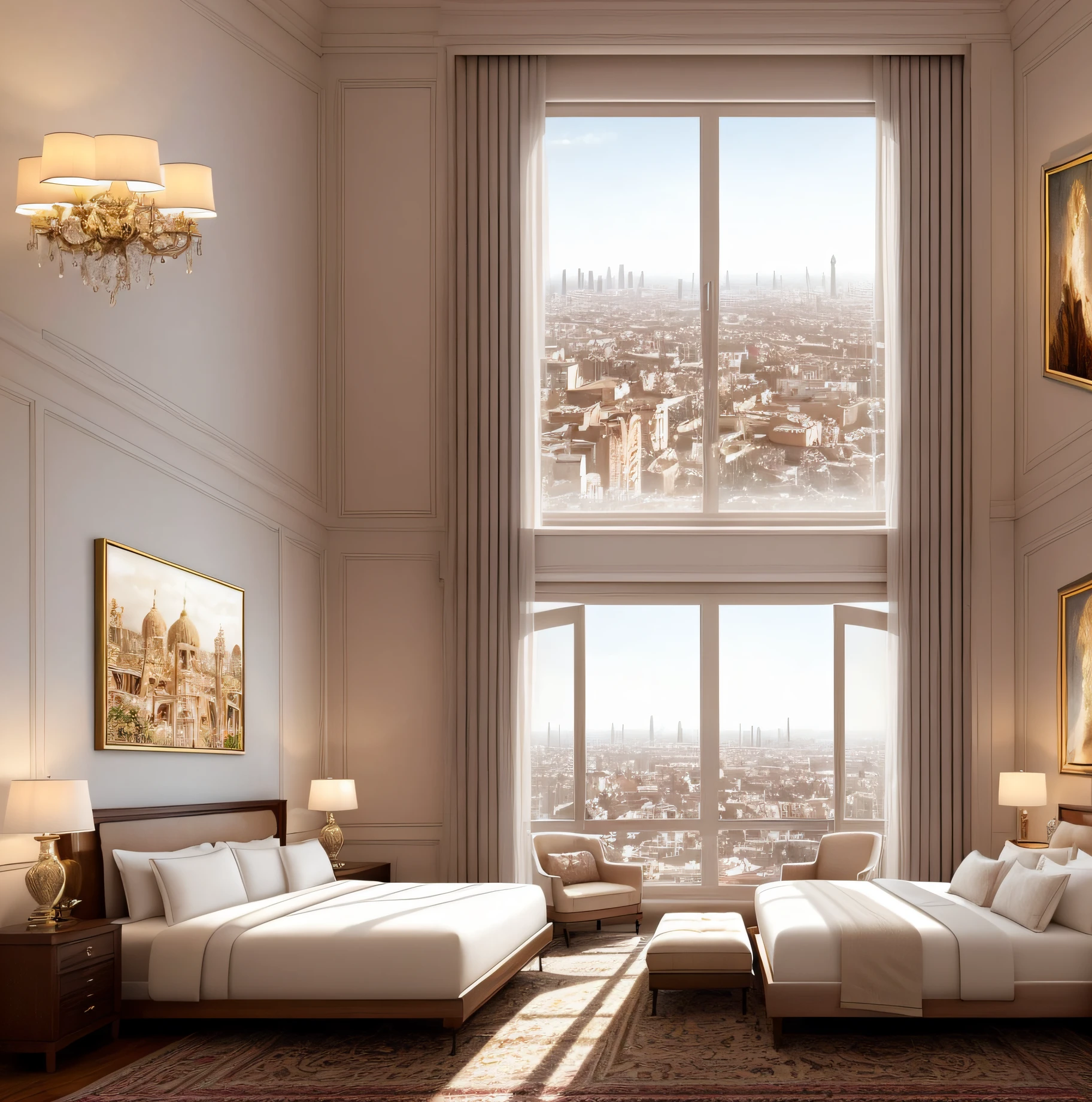 a beautiful room in a luxury hotel, with a beautiful king size bed, Persian rugs, wooden furniture, beautiful paintings on the wall, decor in pastel tones, a large window that keeps the room well lit, overlooking a beautiful city, intricate details, very beautiful, best quality, masterpiece, UHD, realism.