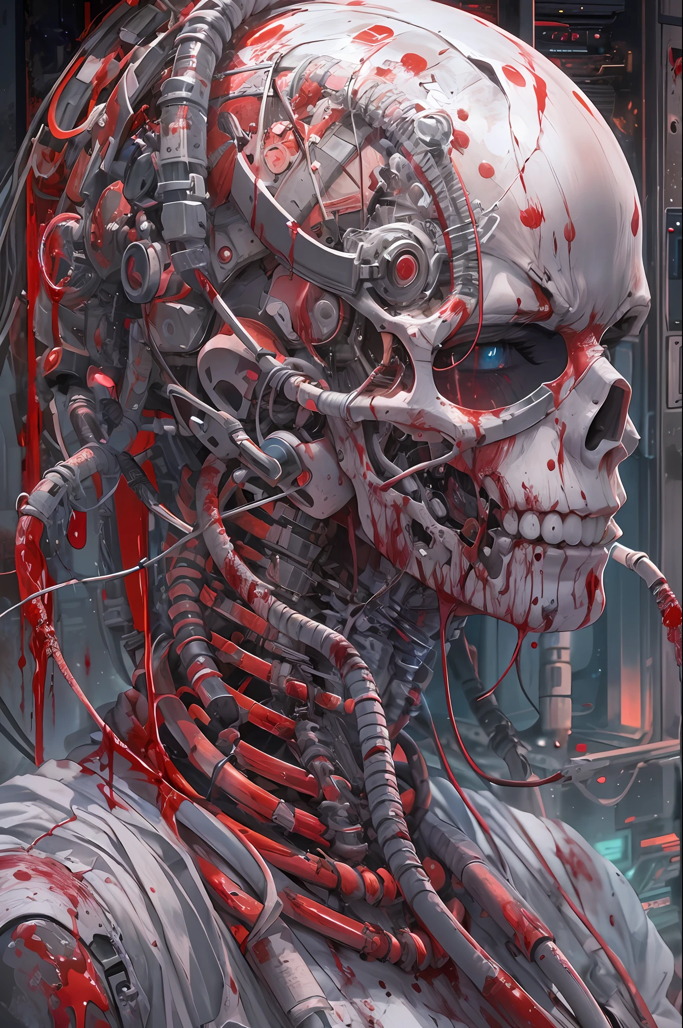 (masterpiece, top quality, best quality, official art, beautiful and aesthetic:1.2),  extreme detailed,colorful,highest detailed ((ultra-detailed)), (highly detailed CG illustration), a beautiful  super-realistic ukiyo hyper detailed, best quality, 8k manga colored, world prestige artist,  digital illustration realistic sci-fi,terror ((guro))  painting of uncovered skull, unified theory biomecanism exposed, vivid flesh exposure visible brain, human brain with exposed wires ( cyberpunk android ninja:1.2), detailed cyborgzitation body, horror body, ((guro)) neck of hoses flesh and blood tubes mechanikal body (wearing ninjapunk streetwear)), detailed close up portrait, concept art, by takato yamamoto, wlop, krenz cushart. cinematic dramatic atmosphere, sharp focus,( jade stone details and , red, black  palette), cinematic detailed ((an extremely delicate and beautiful)),(from side),cinematic light,((1mechanical ninja girl)),solo,full body,(machine made joints:1.2),((machanical limbs)),(blood vessels connected to tubes),(mechanical vertebra attaching to back),((mechanical cervial attaching to neck)),(sitting),expressionless,(wires and cables attaching to neck:1.2),(wires and cables on head:1.2)(character focus),science fiction,white background,(blood:1.5)