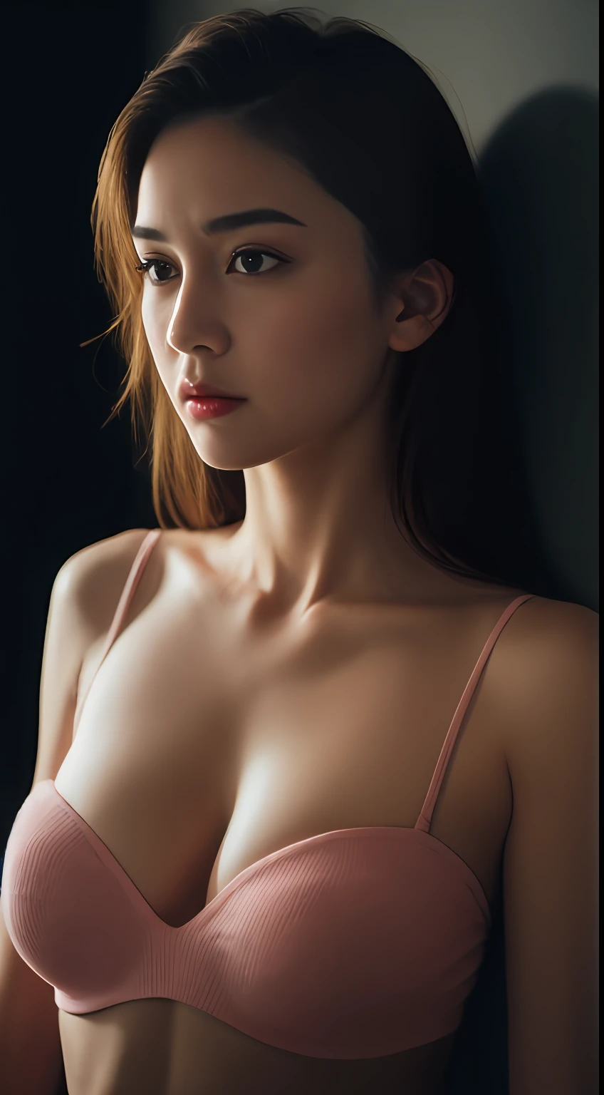 Best Quality, Masterpiece, Super High Resolution, Super Model, Shoulder Chest Portrait Photo, Pink Underwear, Big Bust, Dynamic Fashion Pose, (Realism: 1.8), Original Photo, 1girl, Bare Shoulder, In the Dark, Deep Shadow, Understated, Cold Light