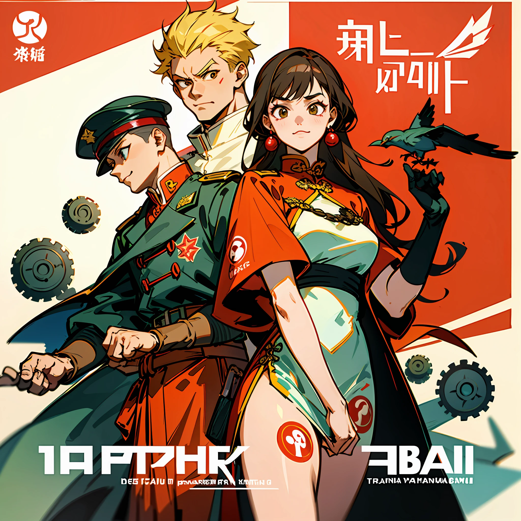 Nobara , jujutsu kaisen, itadori, megumi fushiguro,(Obra-prima), (Melhor Qualidade), (Detalhes Requintados), Cartaz de Propaganda, China-style, Lente Grande Angular, Um Grupo de Pessoas, Soldados Chineses, Uniformes Militares Chineses, Seios Pequenos, Sorrisos, Civis, Roupa de Trabalho, firm expression, Half-naked arms, Panfleto de Passagem, Engrenagens, Peace Flying Birds, Bandeira Vermelha Chinesa, Bandeira (Vermelha) with Gears and Wheat Printing, Paisagem Urbana, Arquitetura, High Speed Rail Trains, Manifesto Comunista, Chinese,