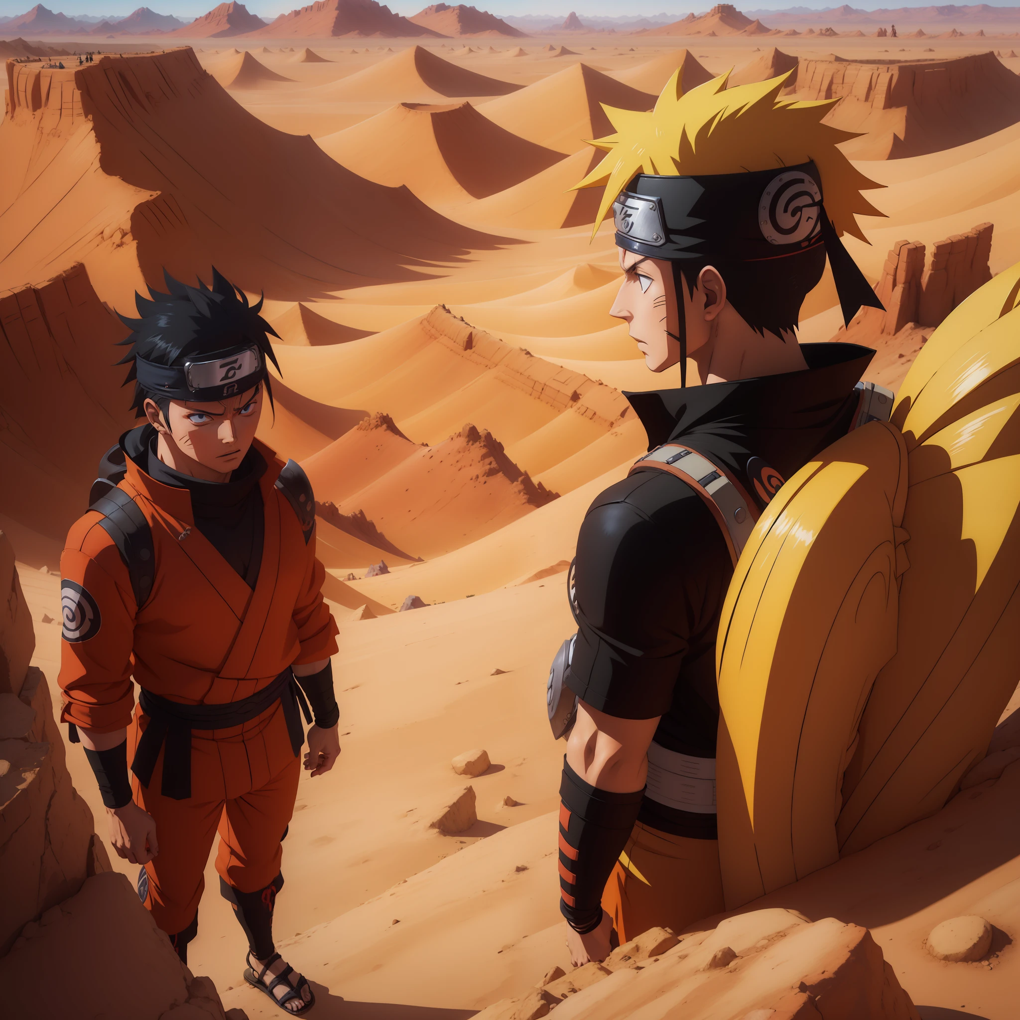 Naruto Shipuden, ultra realista , quarta grande guerra ninja , 8k , Naruto character wearing classic outfit, anime , (View from the top in a large desert valley) , luta contra outro personagem , Madara