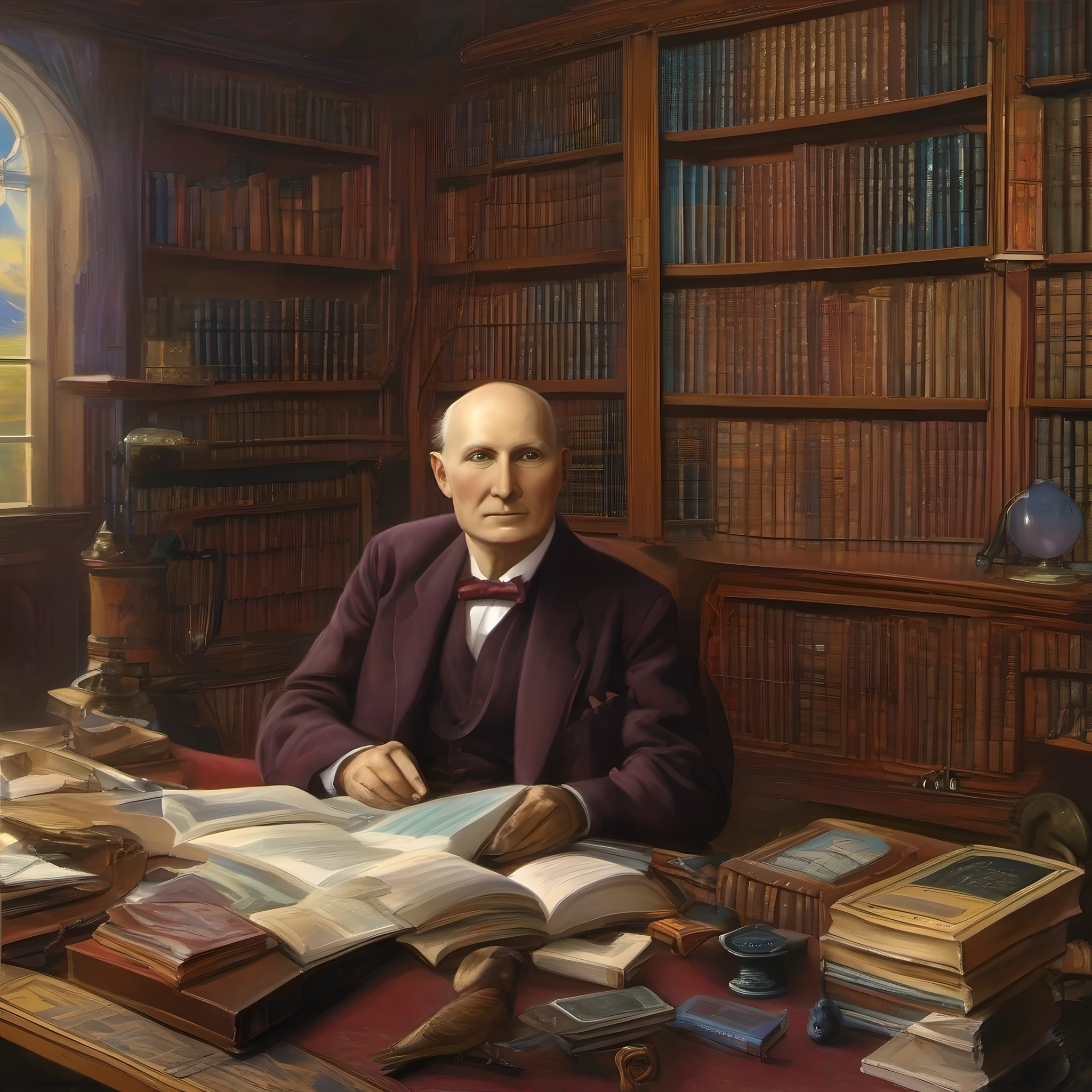 Alfred North Whitehead, the philosopher, in his library, with full colors --auto