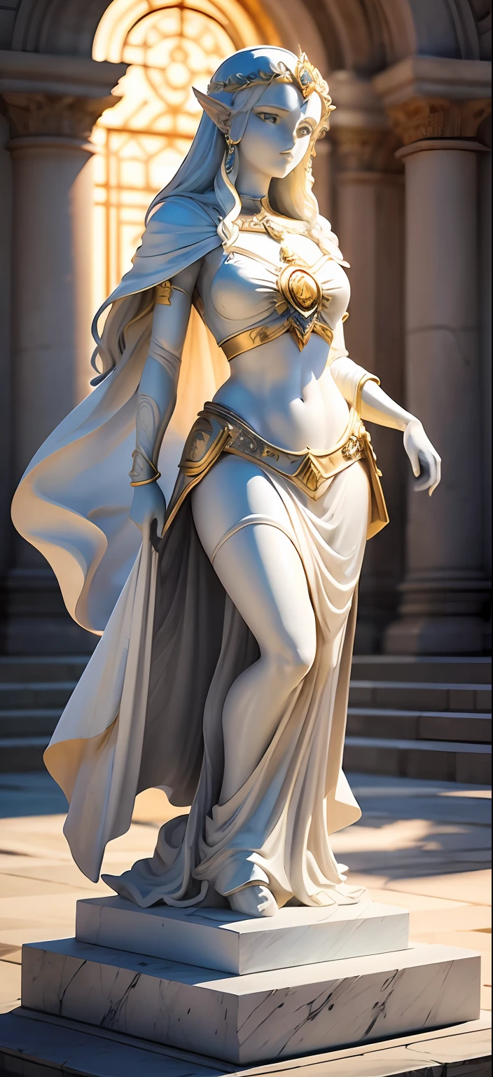 "Create a stunning white stone statue in the style of Roman statues, com detalhes em ouro, representando a Princesa Zelda. Sem rosto, The sculpture should highlight its nobility and magic in a charming nighttime setting."