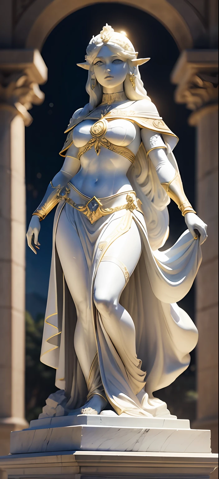 "Create a stunning white stone statue in the style of Roman statues, com detalhes em ouro, representando a Princesa Zelda. Sem rosto, The sculpture should highlight its nobility and magic in a charming nighttime setting."