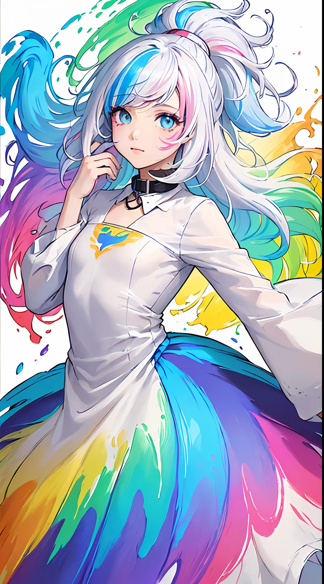 （Pink Fashion T-shirt：1.9），(Colorful hair: 1.8), (all the colours of the rainbow: 1.8),(((((vertical painting：1.6))), （painting：1.6），front, comics, illustrations, paintings, large eyes, crystal clear eyes,（ rainbow color gradient high ponytail：1.7）, exquisite makeup, closed mouth,(Small Fresh: 1.5),(Wipe Chest: 1.6) ，long eyelashes, White jacket, looking at the audience, large watery eyes, (rainbow colored hair：1.6), color splash, （solo：1.8）, color splash, color explosion, thick paint style, messy lines, ((shining))，(colorful), (colorful), (colorful), colorful, Thick Paint Style, (Splash) (Color Splash), Vertical Painting, Upper Body, Paint Splash, Acrylic Pigment, Gradient, Paint, Highest Image Quality, Highest Quality, Masterpiece, Solo, Depth of Field, Face Paint,  colorful clothes, (Elegant: 1.2), gorgeous,long hair, wind, (Elegant: 1.3), (Petals: 1.4)，(((masterpiece))),(((best quality))),((ultra-detailed)),(illustration),(dynamic angle),((floating)),(paint),((disheveled hair)),(solo),(1girl) , (((detailed anima face))),((beautiful detailed face)),collar, white hair, ((colorful hair)),((streaked hair)),beautiful detailed eyes,(Gradient color eyes),(((colorful eyes))),(((colorful background))),(((high saturation))),(((surrounded by colorful splashes))),