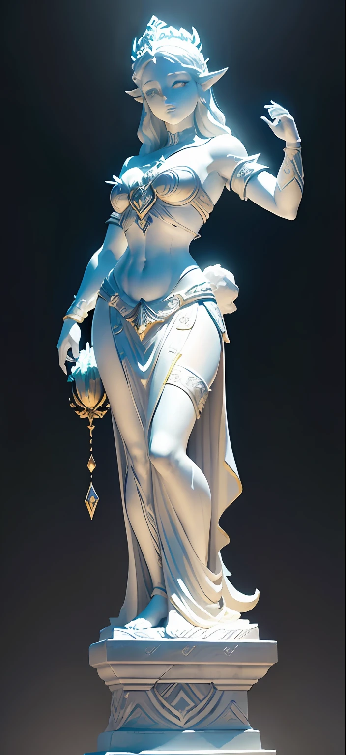 "Create a stunning white stone statue in the style of Roman statues, com detalhes em ouro, representando a Princesa Zelda. Sem rosto, The sculpture should highlight its nobility and magic in a charming nighttime setting."