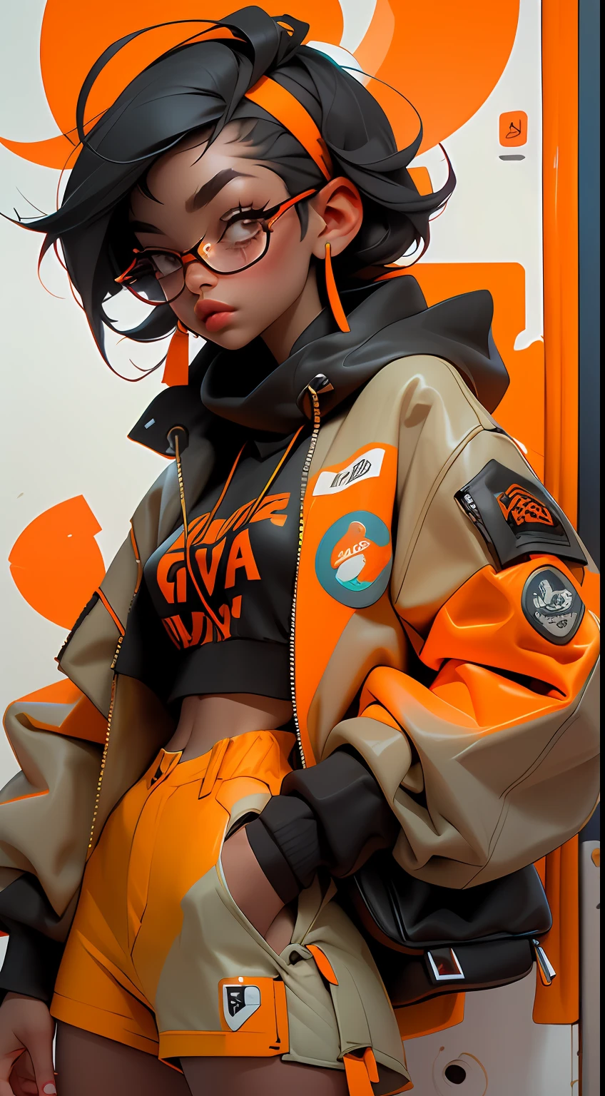 ((Melhor qualidade)), ((obra-prima)), ((realista)) e fotografia ultra-detalhada de uma garota 1nerd com fones de ouvido neon. Ela tem ((cabelo preto)), is wearing an orange techwear jacket, e exala uma vibe ((beautiful and aesthetic)).
