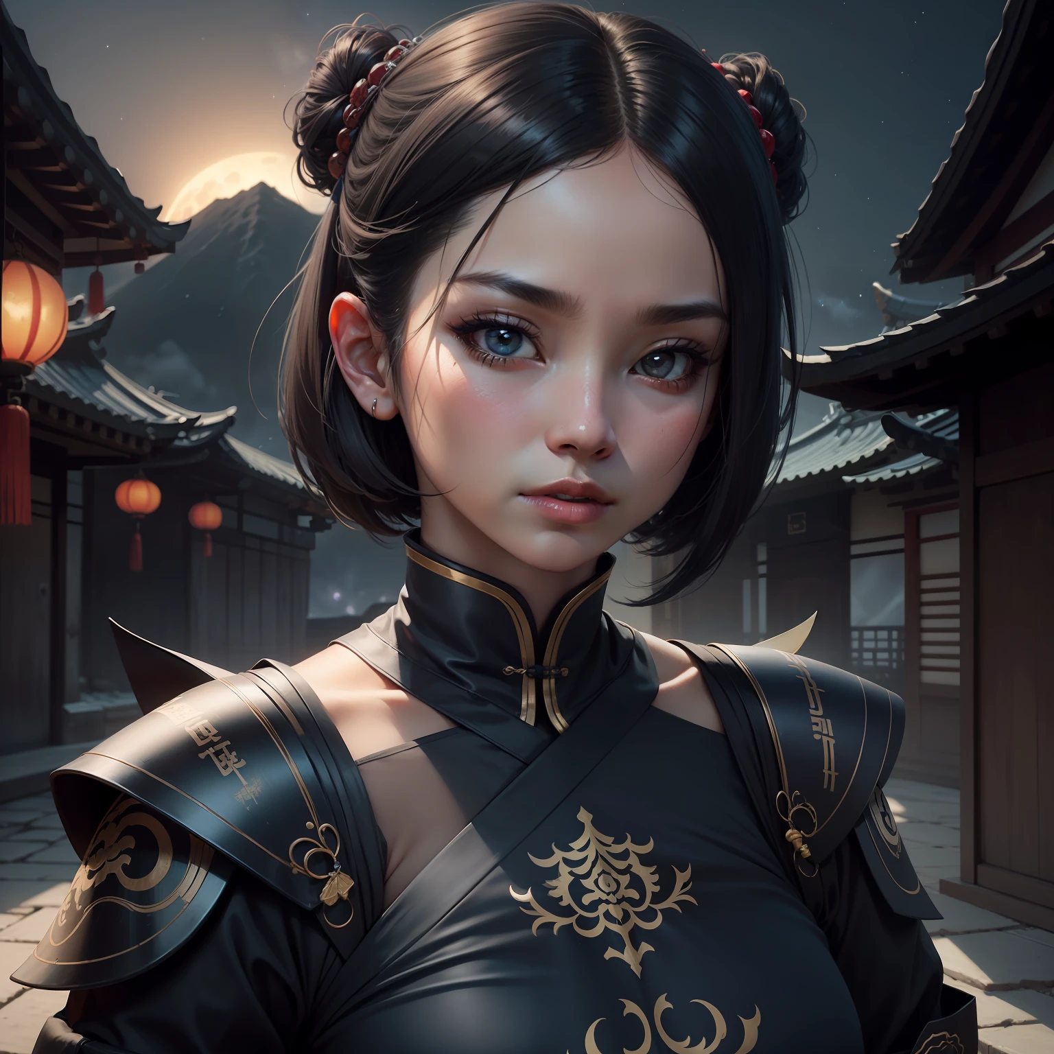 Cultura chinesa, cabelo preto, night sky, rosto detalhado, foco , pele brilhante, Jogo CG, nigh sky, fora, ..lua, luvas brancas, magical girl beauty, Meninasa, cabelo preto, olhos azuis, Chinese appearance, Ninja, Samurai, Blue aesthetics, cabelo ondulado, cabelo curvado, cabelo curto liso, Intricate surface details, cabelo preto curto, short hair, peitos pequenos, Ninja, luta, katakana, Realistic, fiction, Full-HD, foto 8k