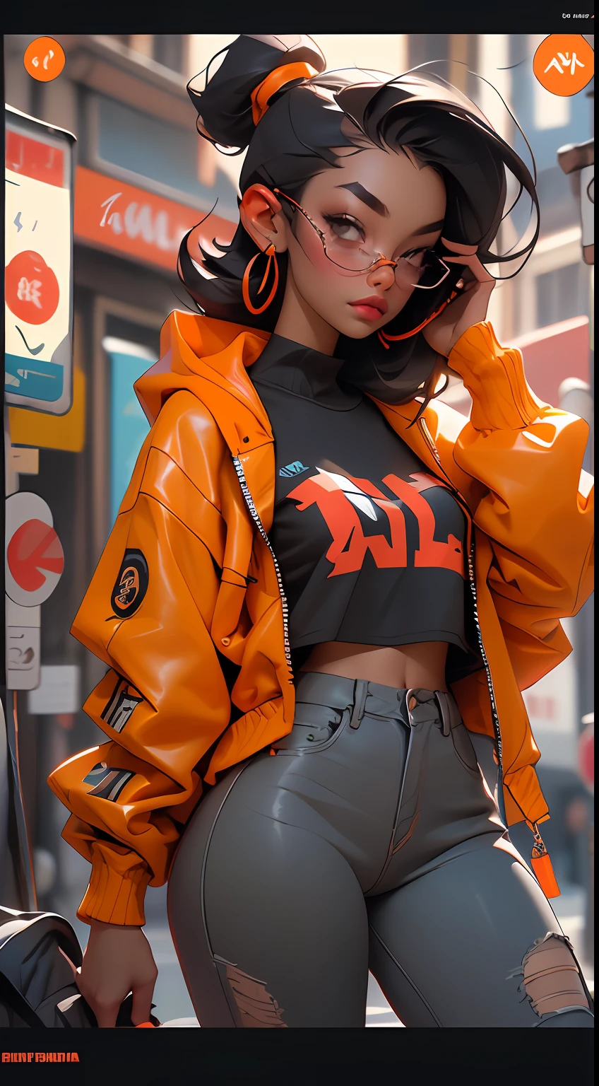 ((Melhor qualidade)), ((obra-prima)), ((realista)) e fotografia ultra-detalhada de uma garota 1nerd com fones de ouvido neon. Ela tem ((cabelo preto)), is wearing an orange techwear jacket, e exala uma vibe ((beautiful and aesthetic)).
