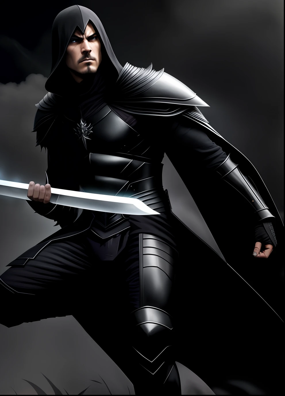 character in black armor, dark, very furious, male, holding a giant sword and with a cape, anime style, perfect